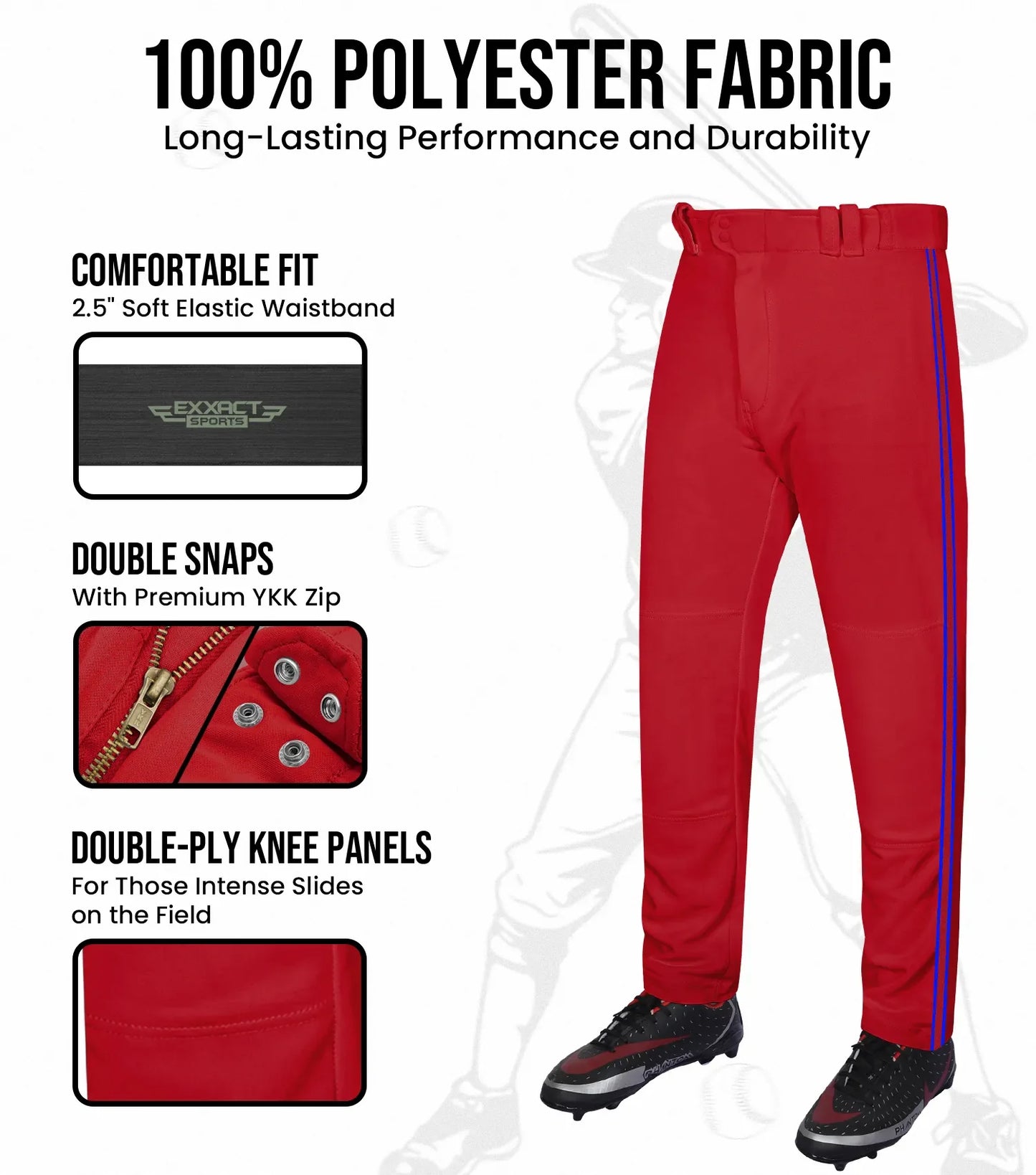 Proline Adult Full Length Baseball Pants with Stripes (Red)