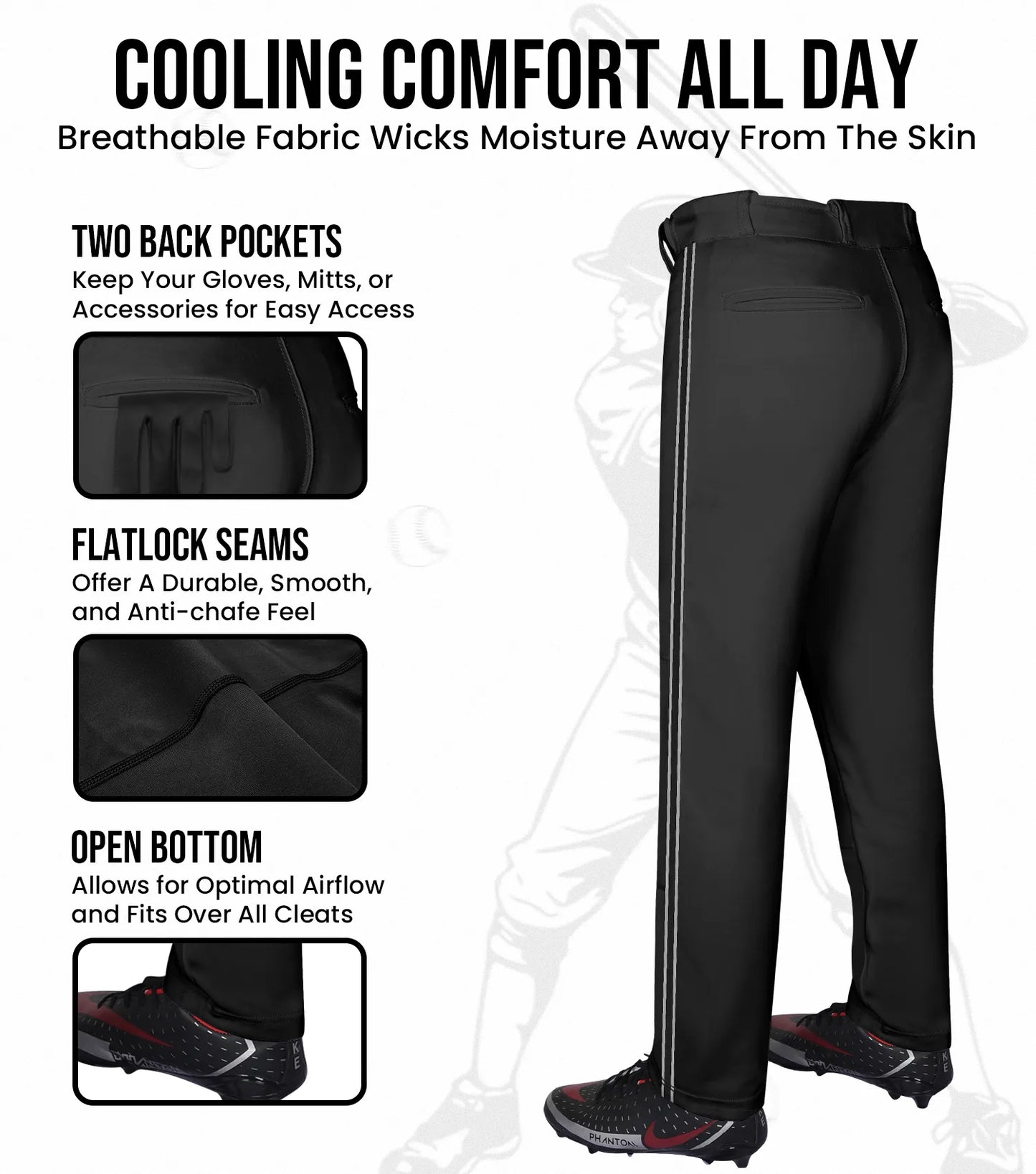 Proline Adult Full Length Baseball Pants with Stripes (Black)