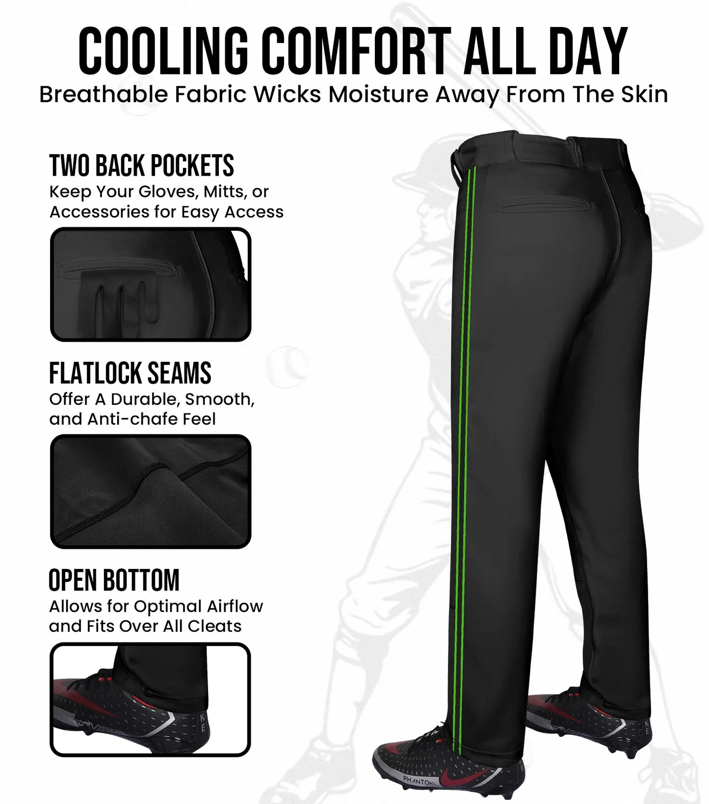 Proline Adult Full Length Baseball Pants with Stripes (Black)