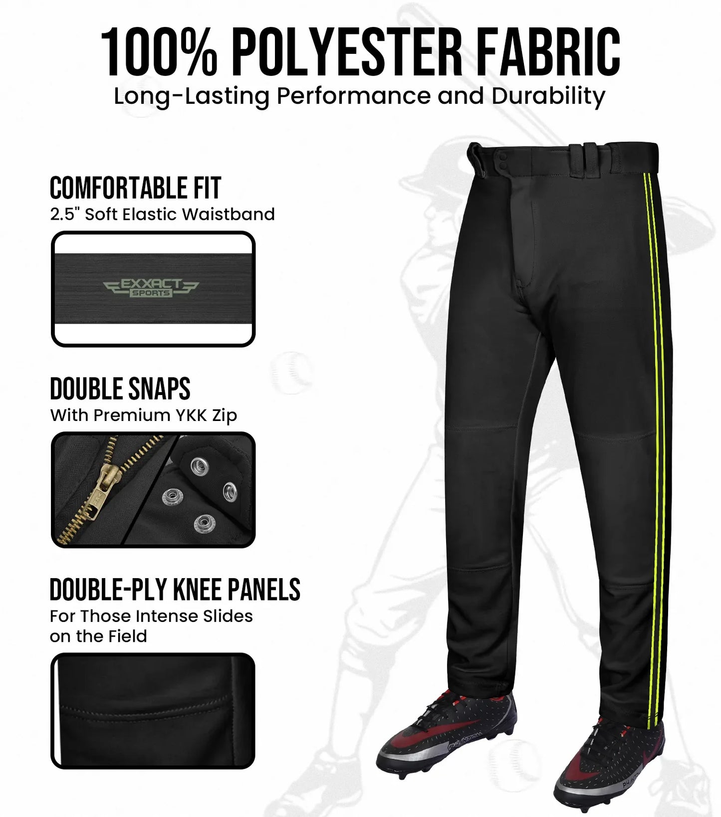 Proline Adult Full Length Baseball Pants with Stripes (Black)