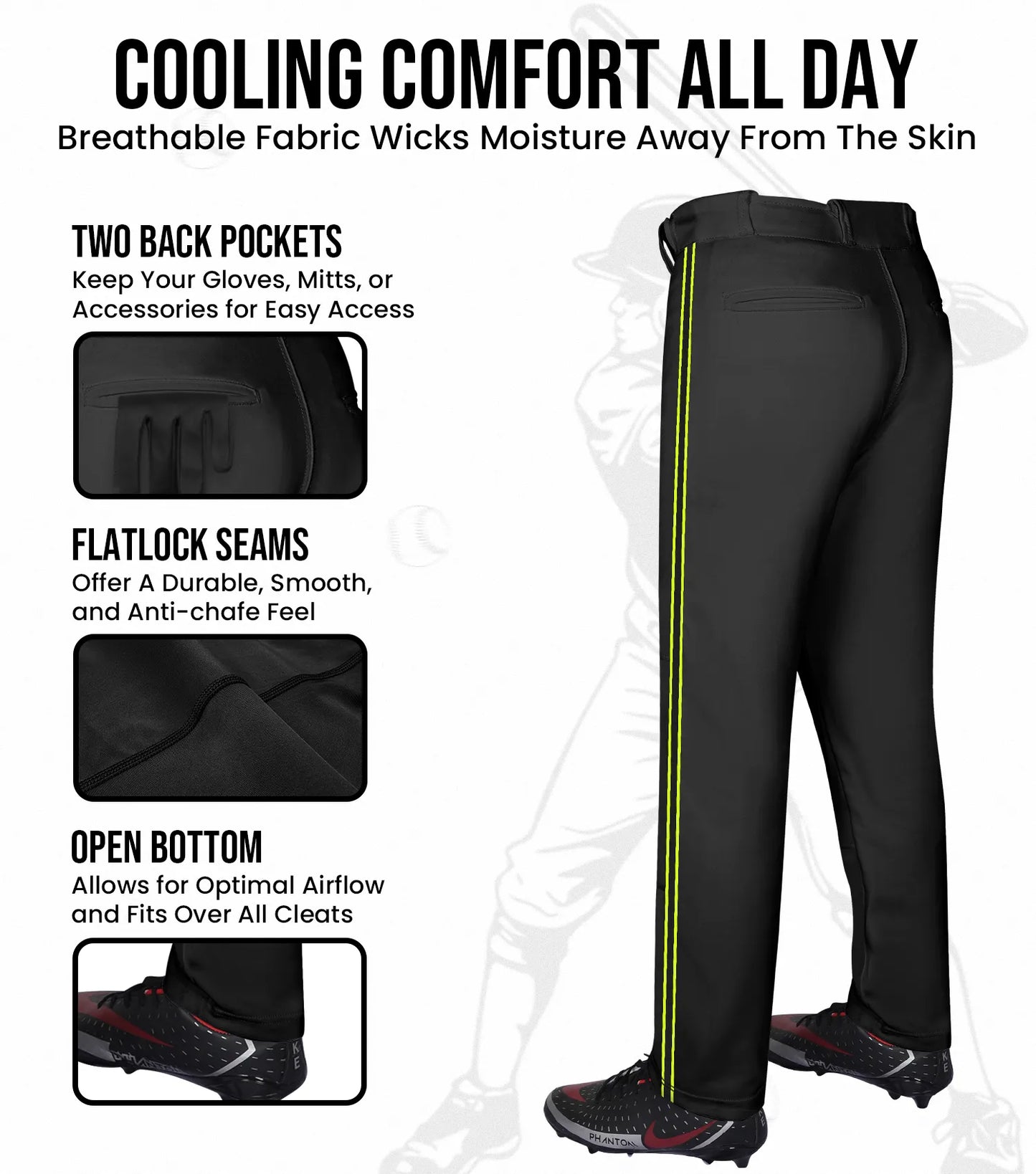 Proline Adult Full Length Baseball Pants with Stripes (Black)