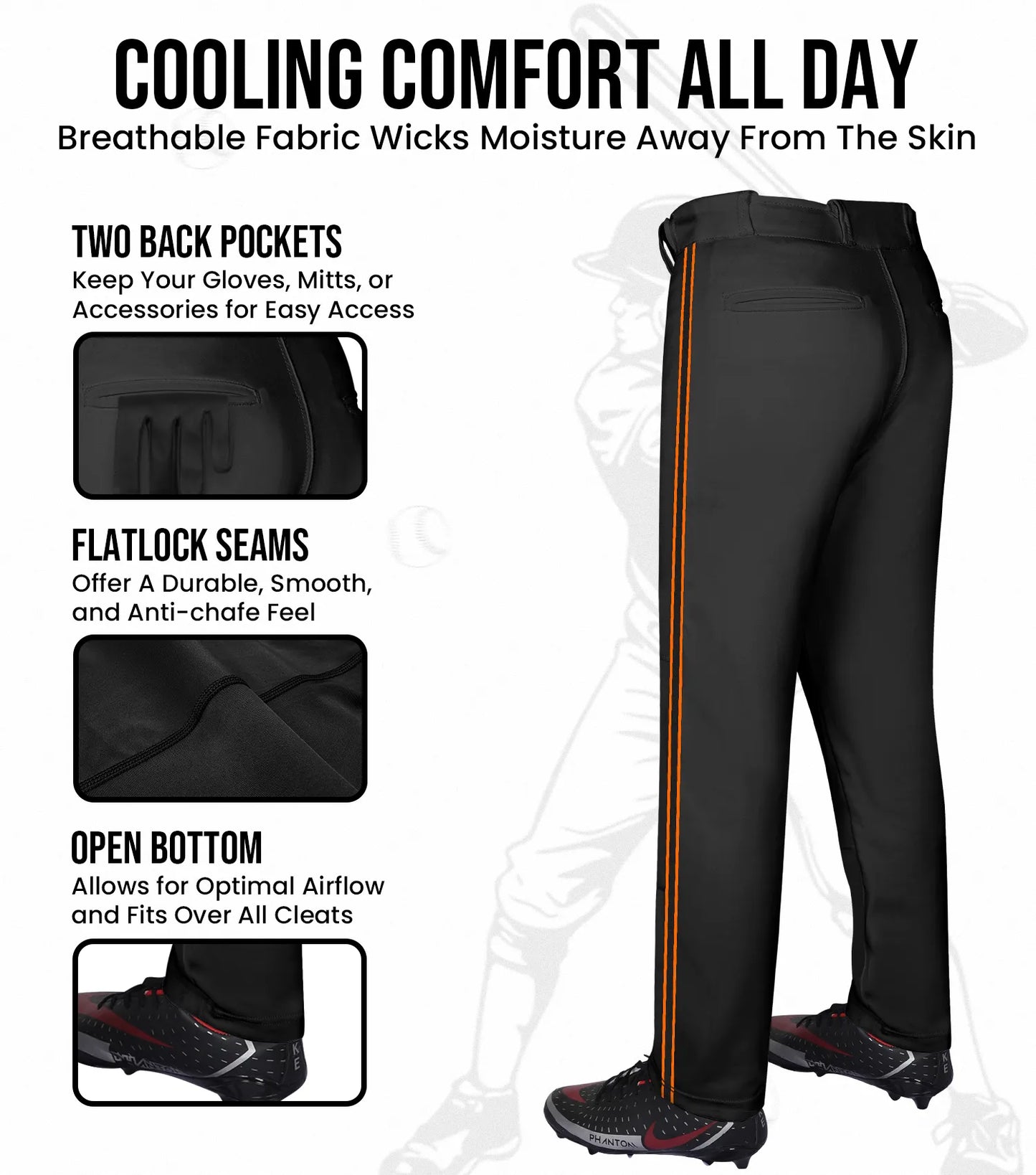Proline Adult Full Length Baseball Pants with Stripes (Black)