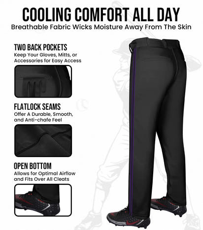 Proline Adult Full Length Baseball Pants with Stripes (Black)
