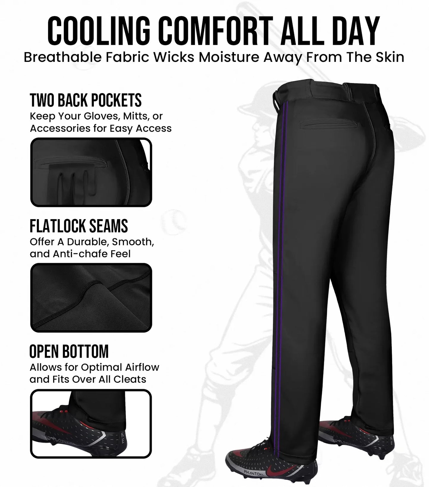 Proline Adult Full Length Baseball Pants with Stripes (Black)