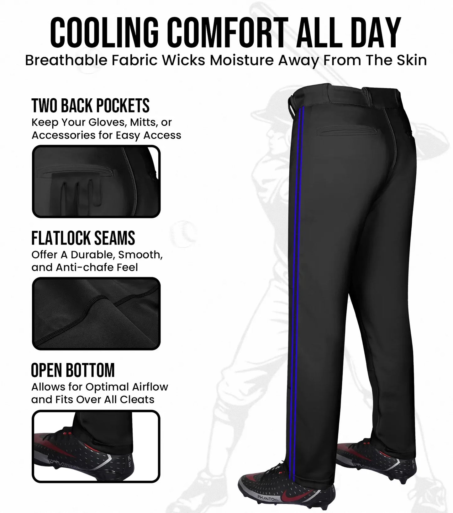 Proline Adult Full Length Baseball Pants with Stripes (Black)