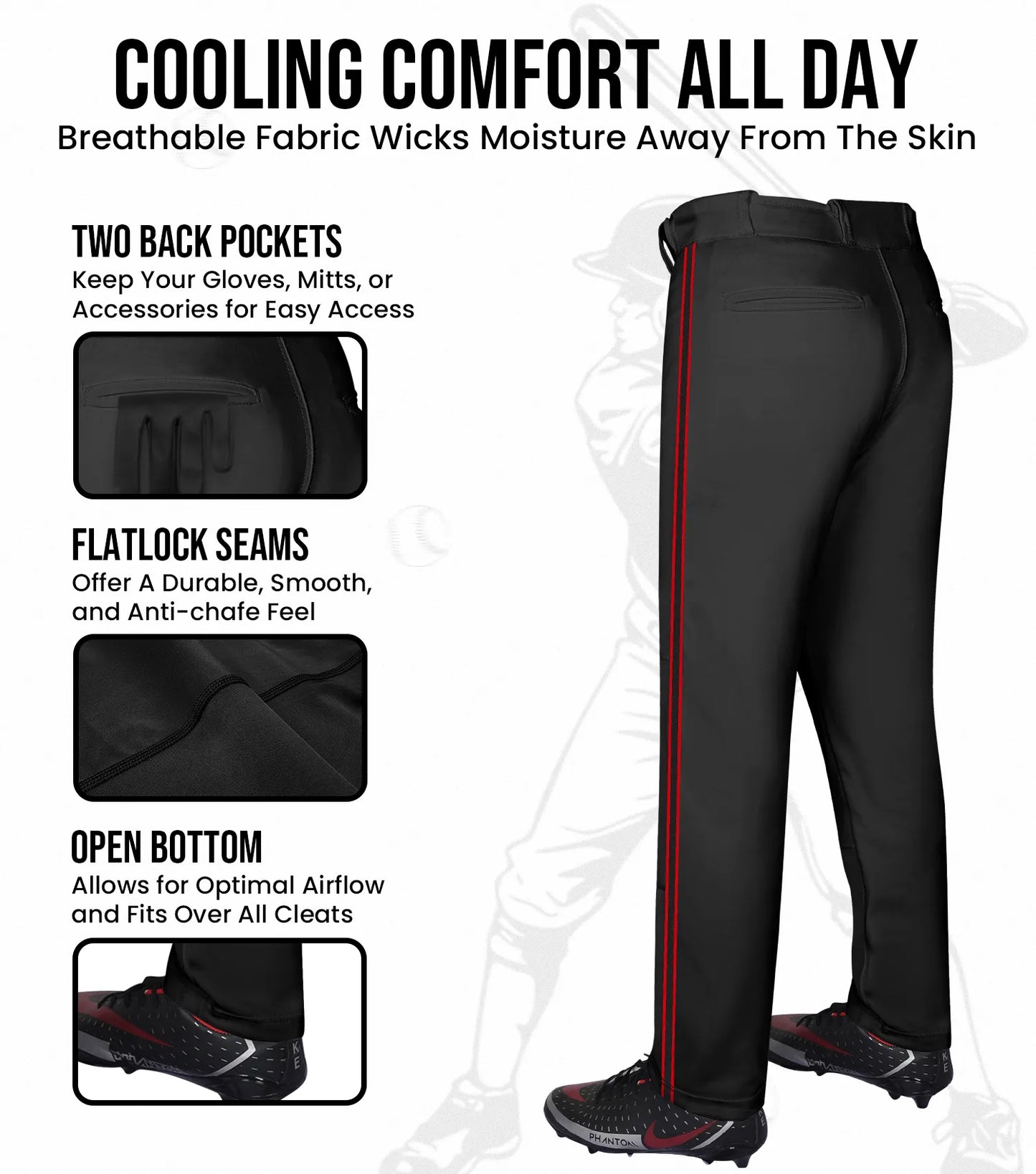 Proline Adult Full Length Baseball Pants with Stripes (Black)