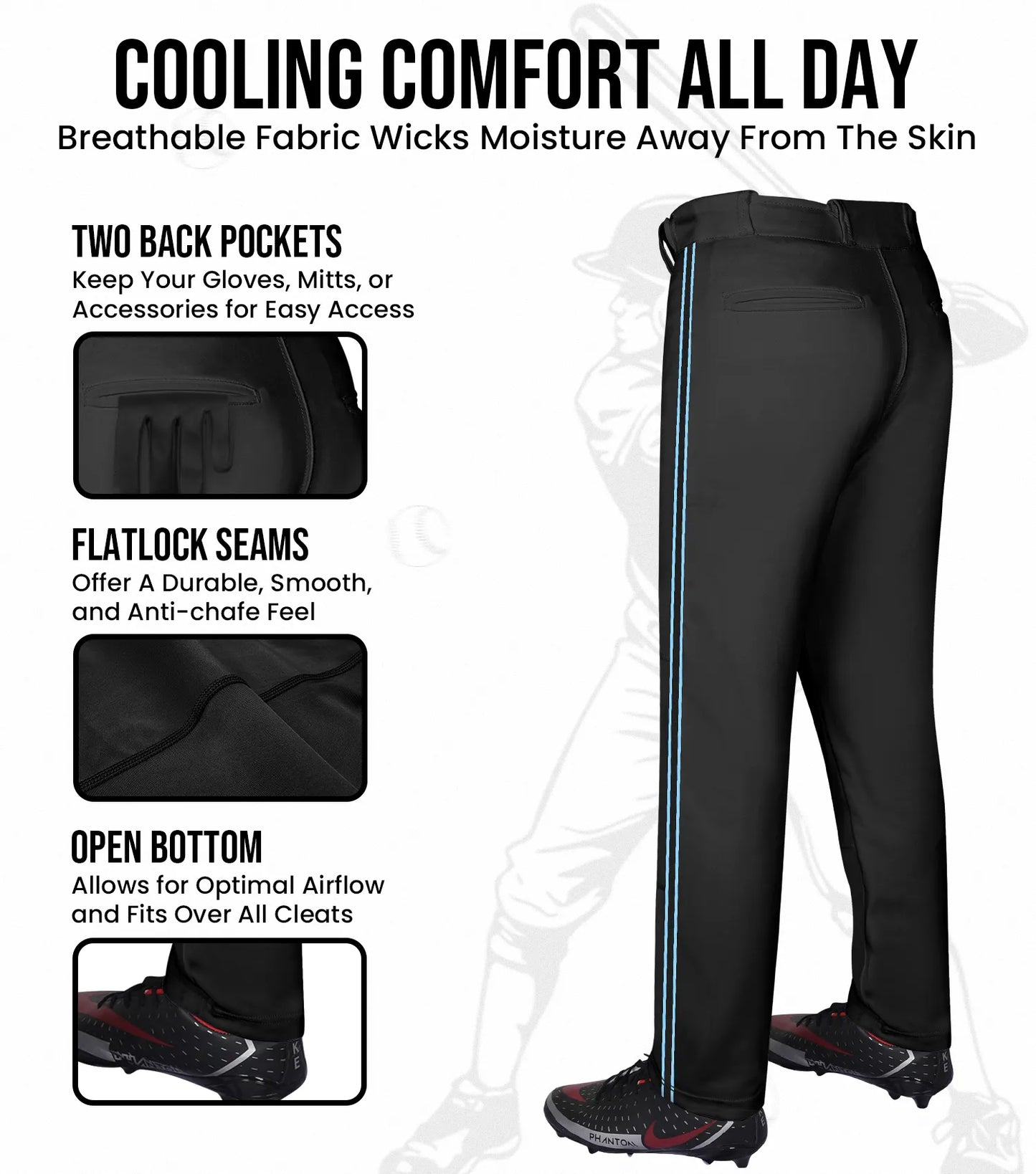 Proline Adult Full Length Baseball Pants with Stripes (Black)