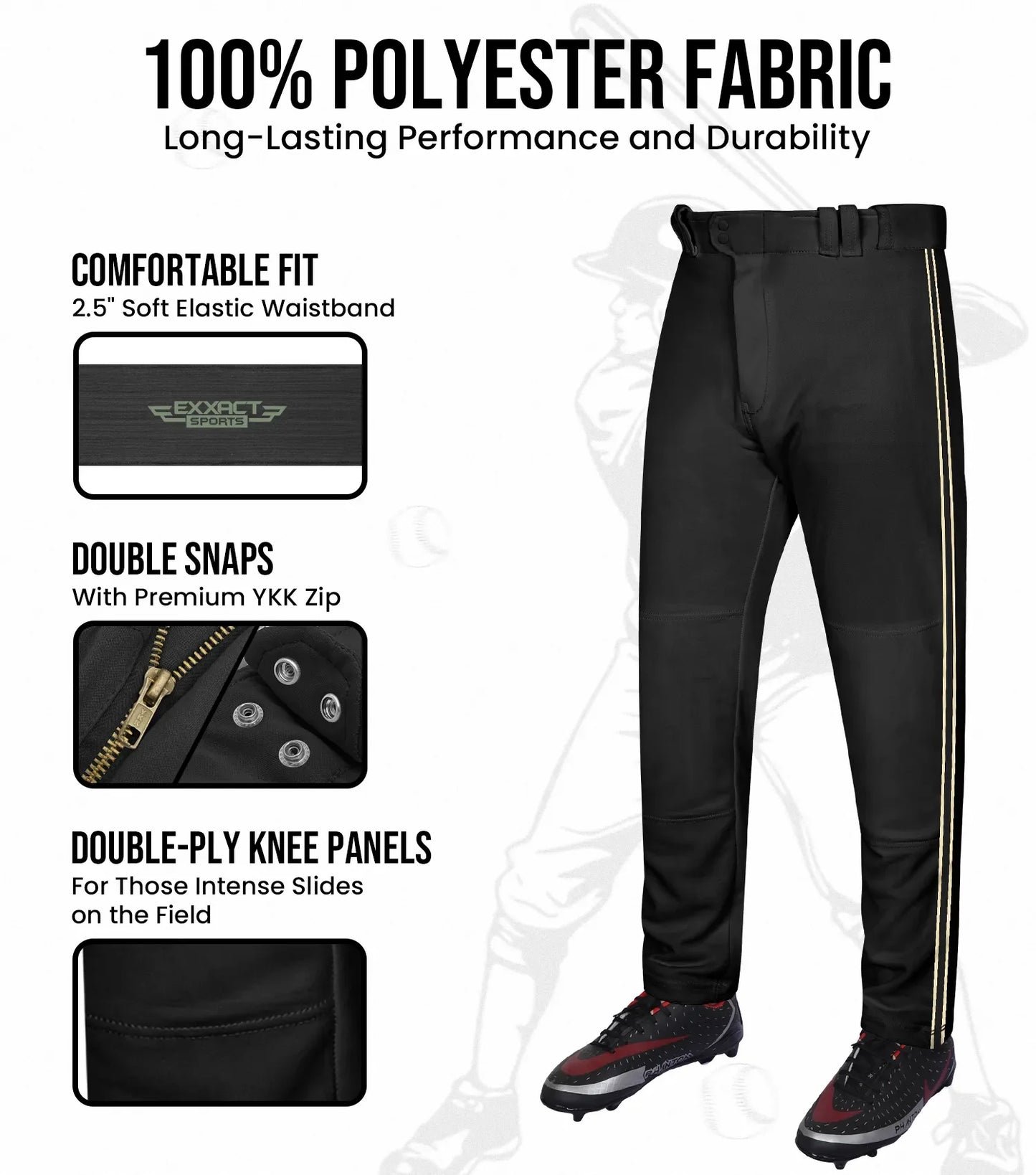 Proline Adult Full Length Baseball Pants with Stripes (Black)