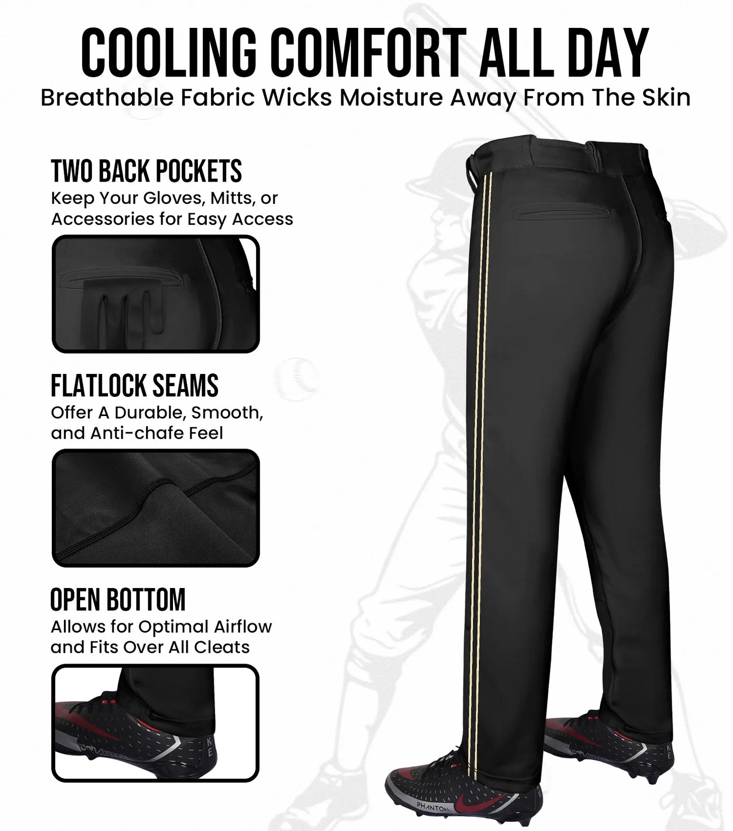 Proline Adult Full Length Baseball Pants with Stripes (Black)