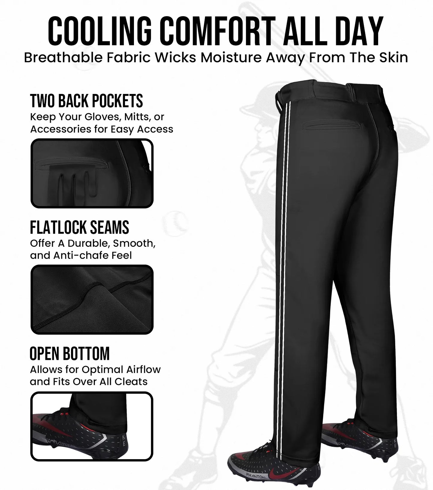 Proline Adult Full Length Baseball Pants with Stripes (Black)