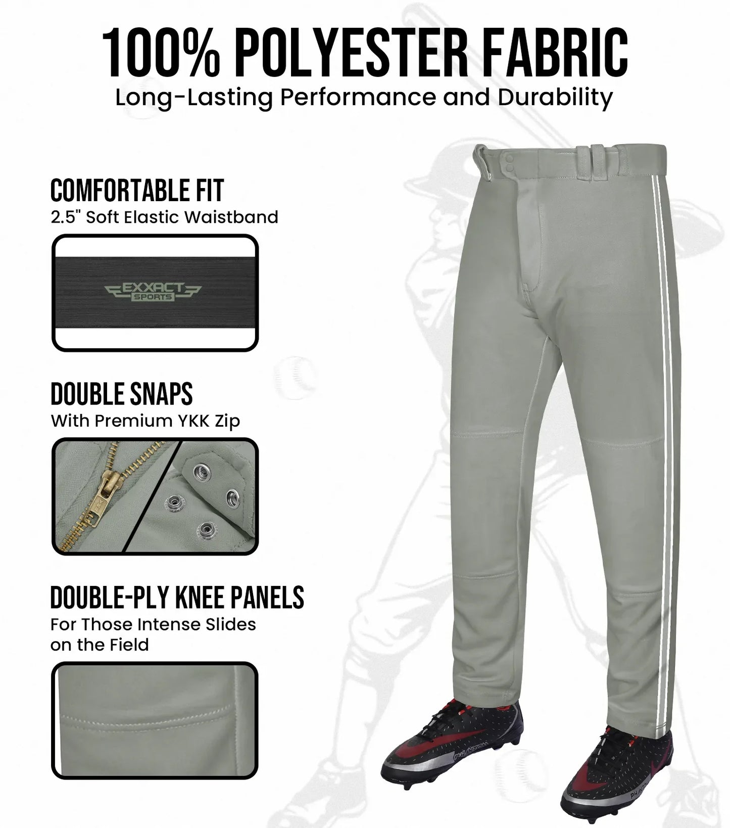 Proline Adult Full Length Baseball Pants with Stripes (Gray)