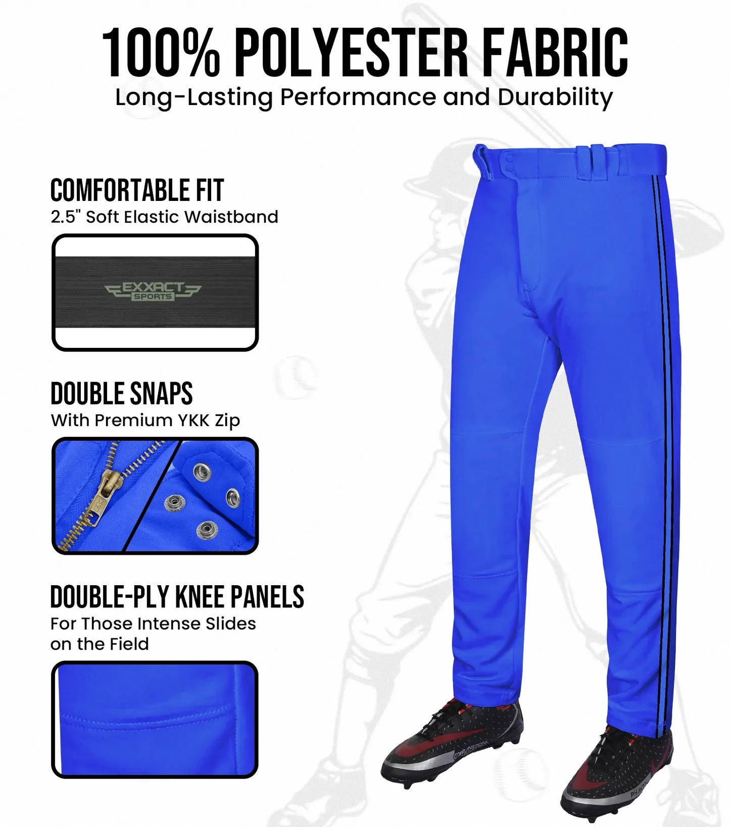Proline Adult Full Length Baseball Pants with Stripes (Royal Blue)