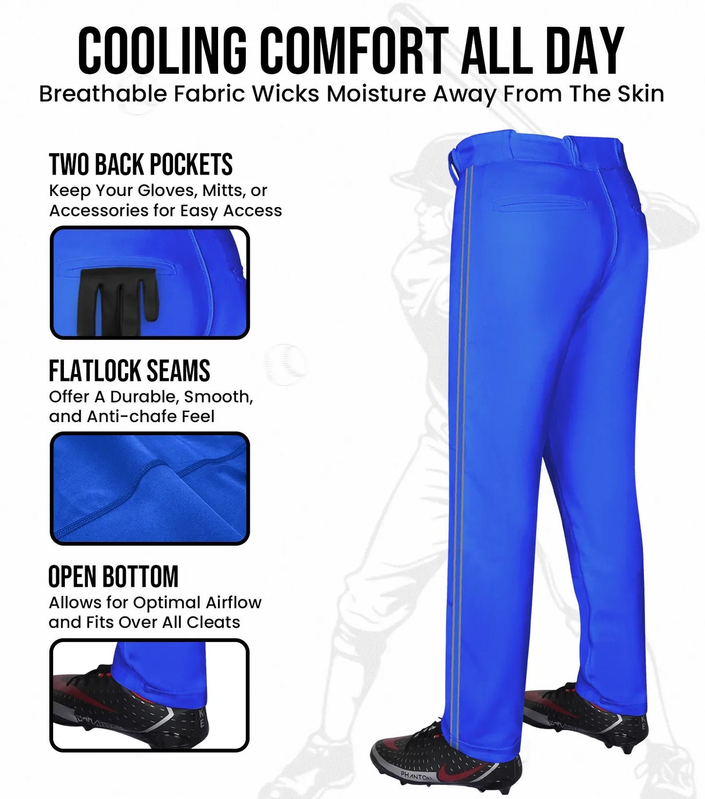 Proline Adult Full Length Baseball Pants with Stripes (Royal Blue)