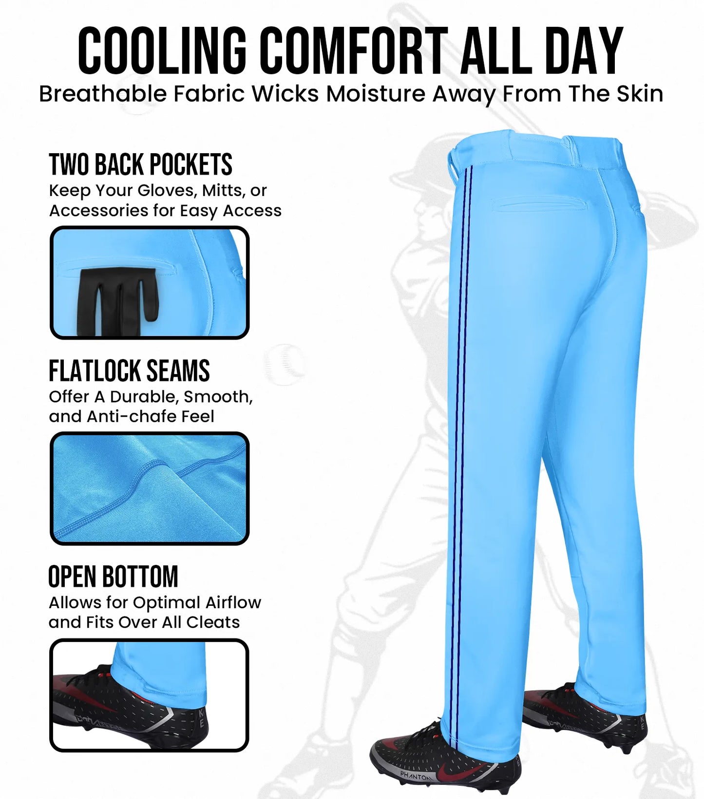 Proline Adult Full Length Baseball Pants with Stripes (Sky)