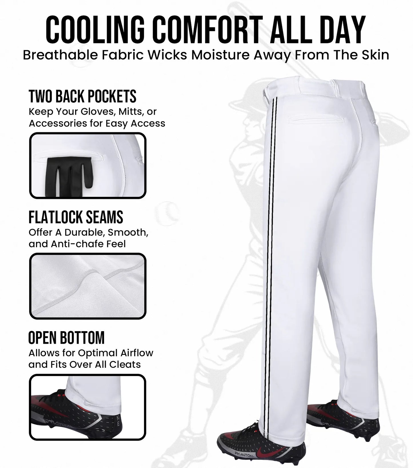 Proline Adult Full Length Baseball Pants with Stripes (White)