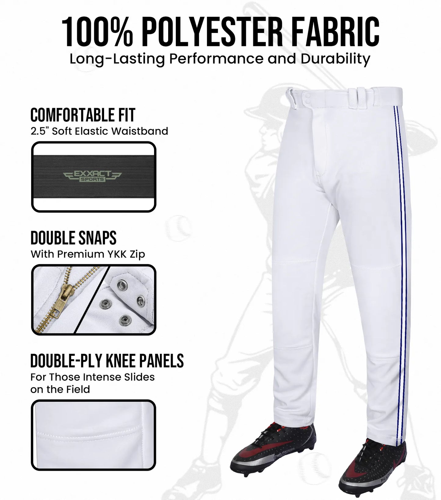 Proline Adult Full Length Baseball Pants with Stripes (White)