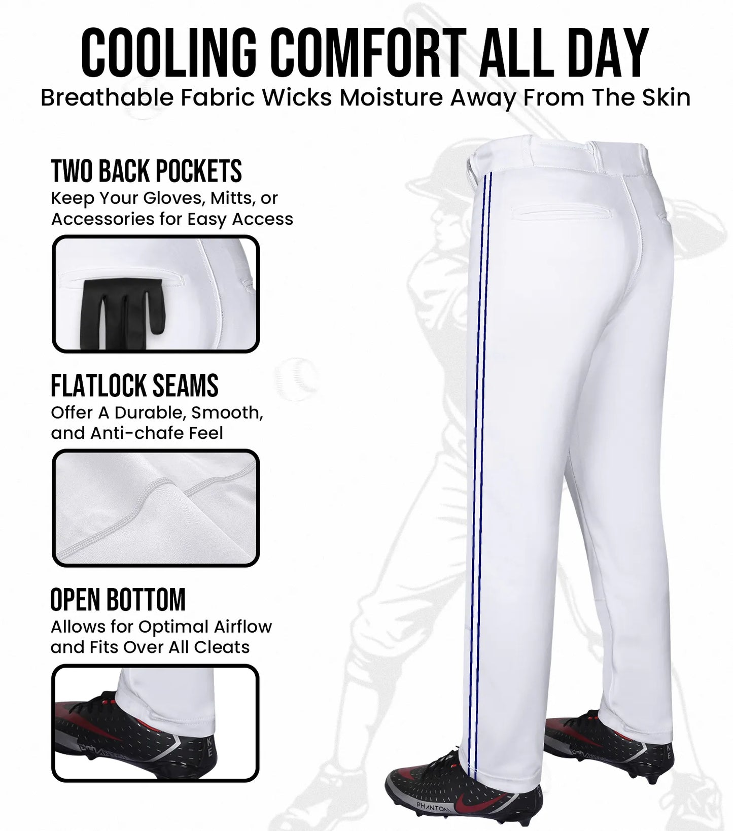 Proline Adult Full Length Baseball Pants with Stripes (White)