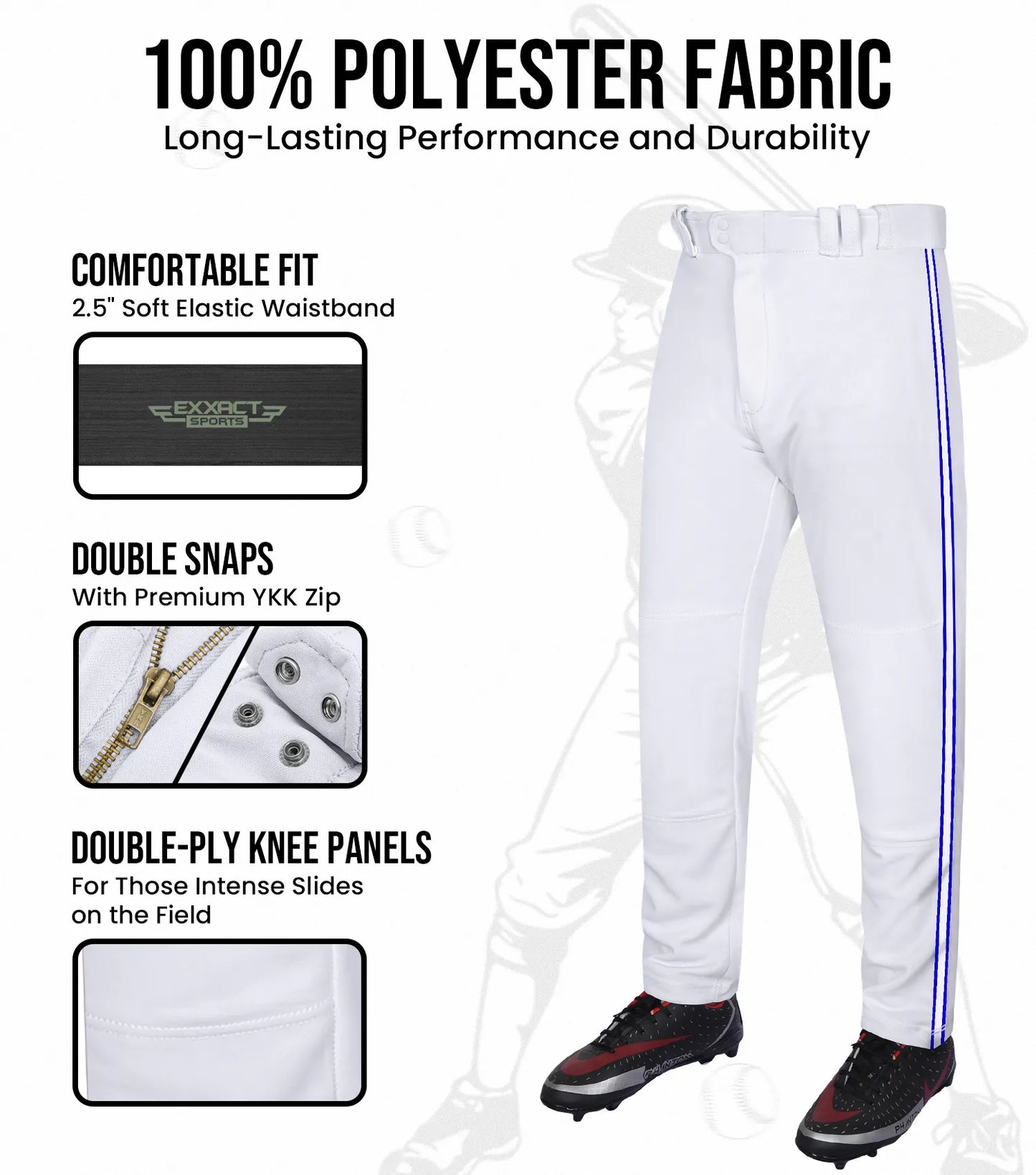 Proline Adult Full Length Baseball Pants with Stripes (White)