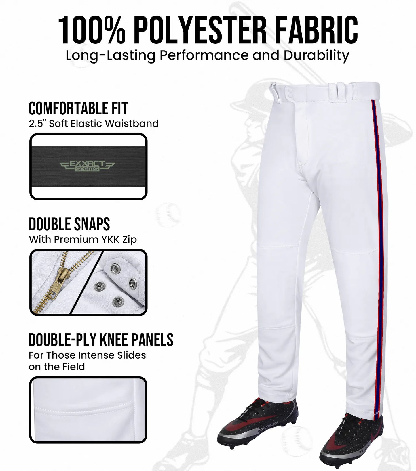 Proline Adult Full Length Baseball Pants with Stripes (White)