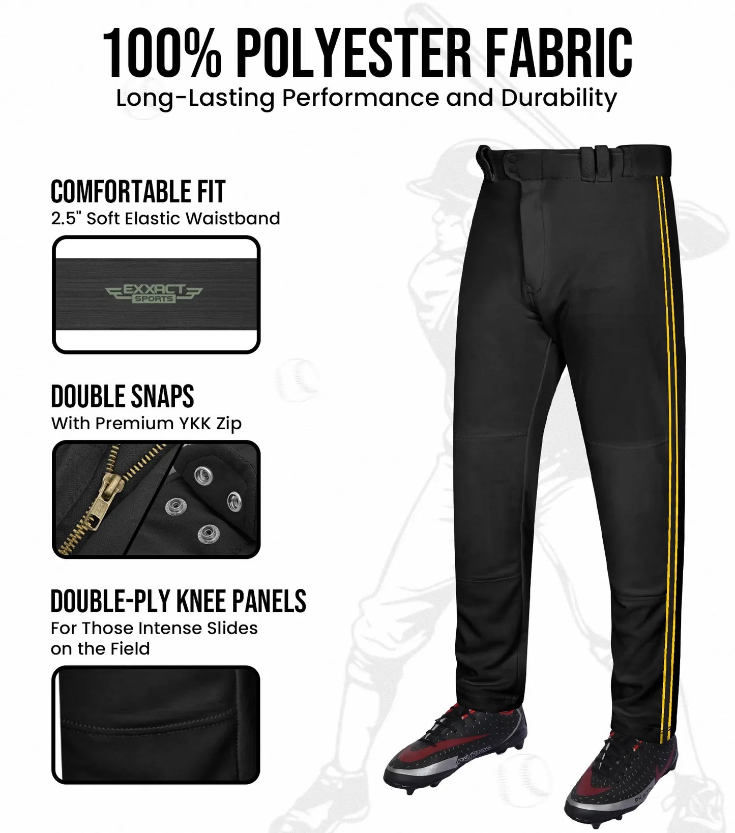 Proline Youth Full Length Baseball Pants with Stripes (Black)