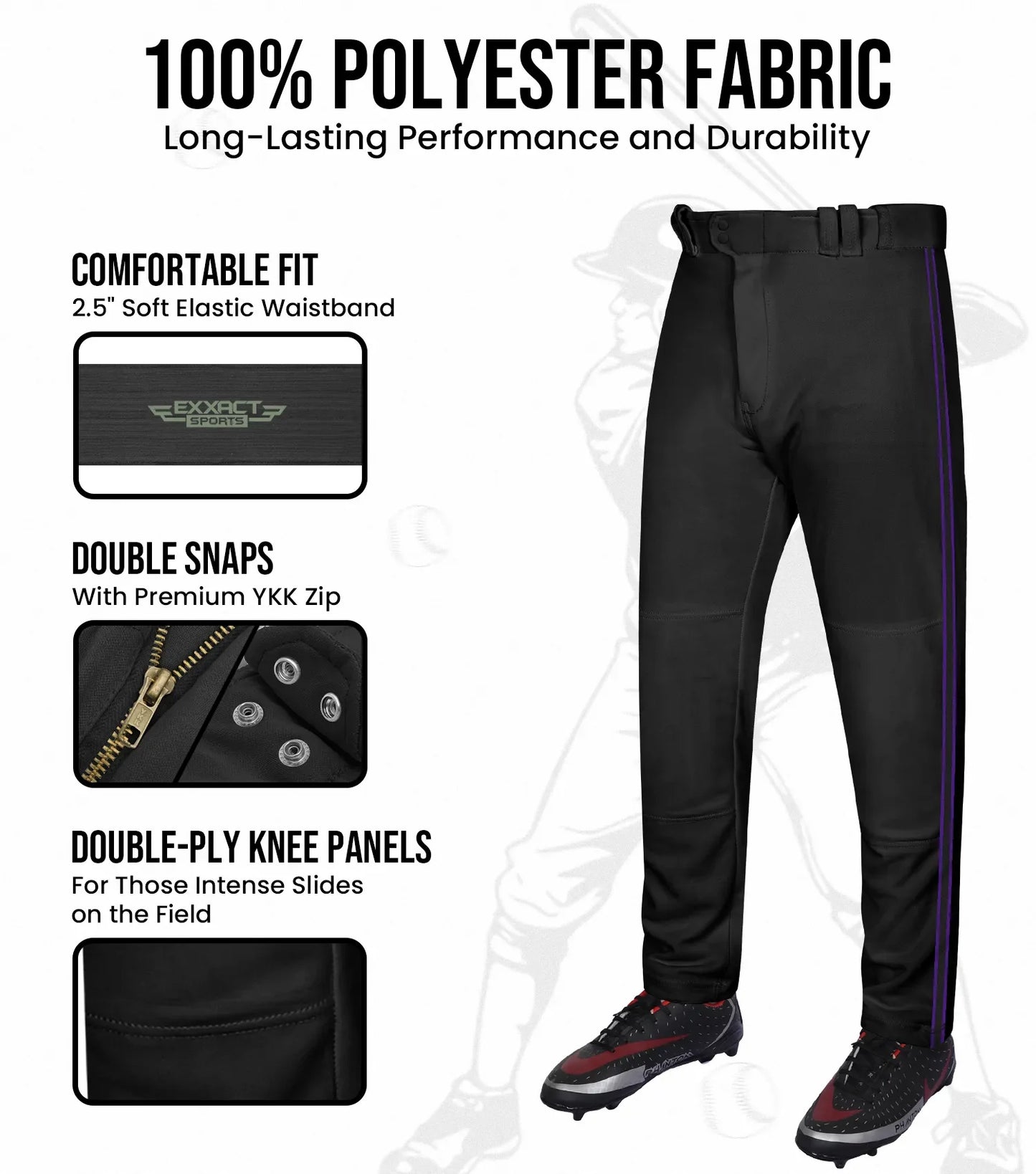 Proline Youth Full Length Baseball Pants with Stripes (Black)