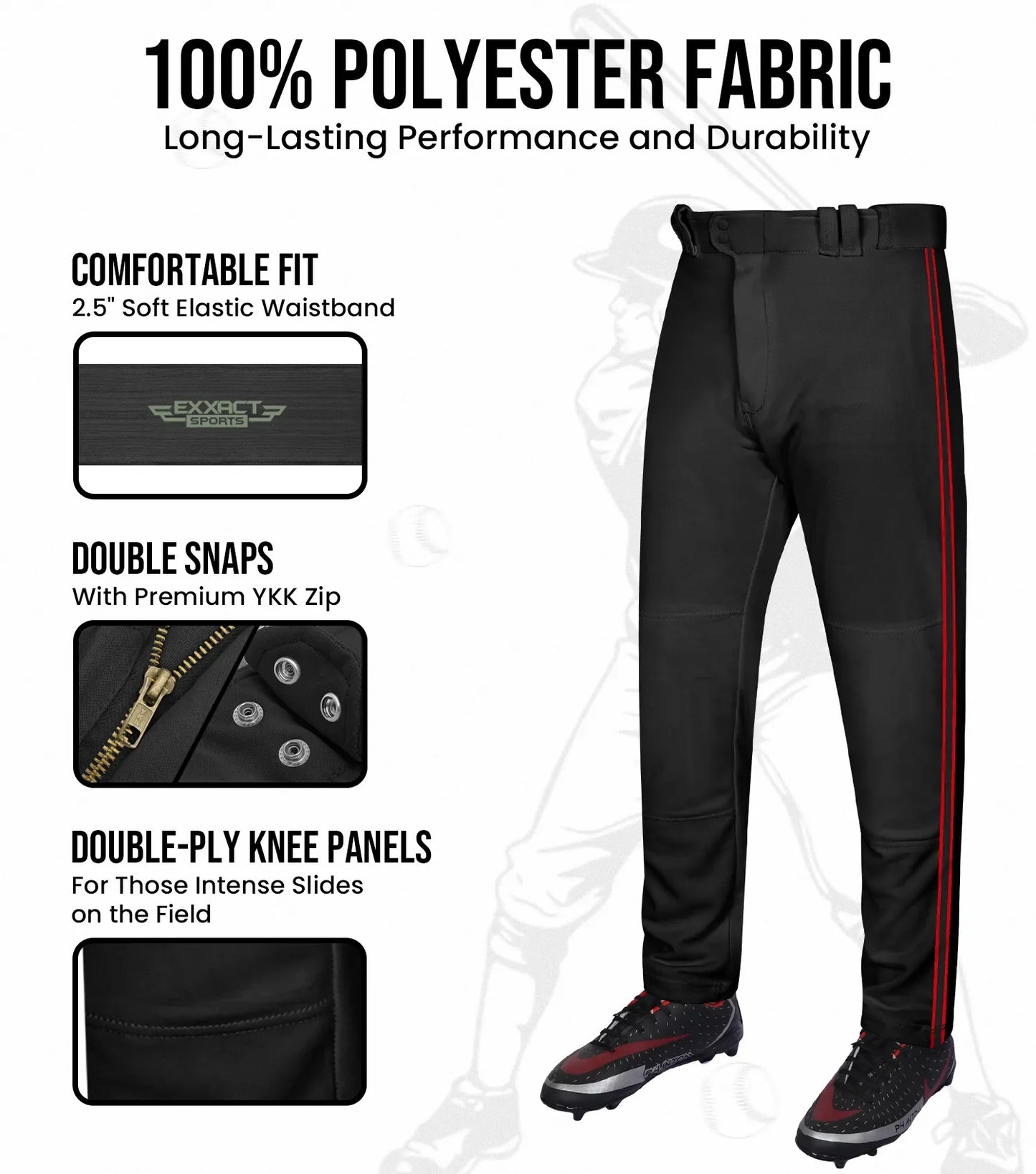 Proline Youth Full Length Baseball Pants with Stripes (Black)