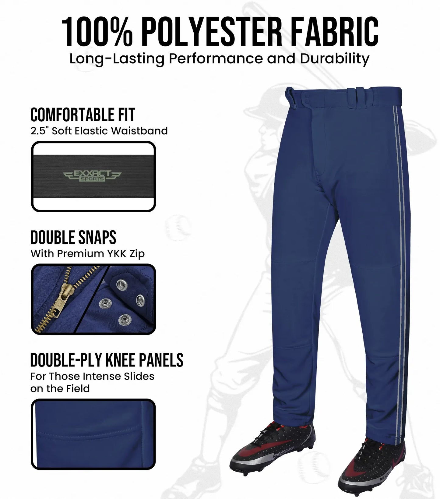 Proline Youth Full Length Baseball Pants with Stripes (Navy)