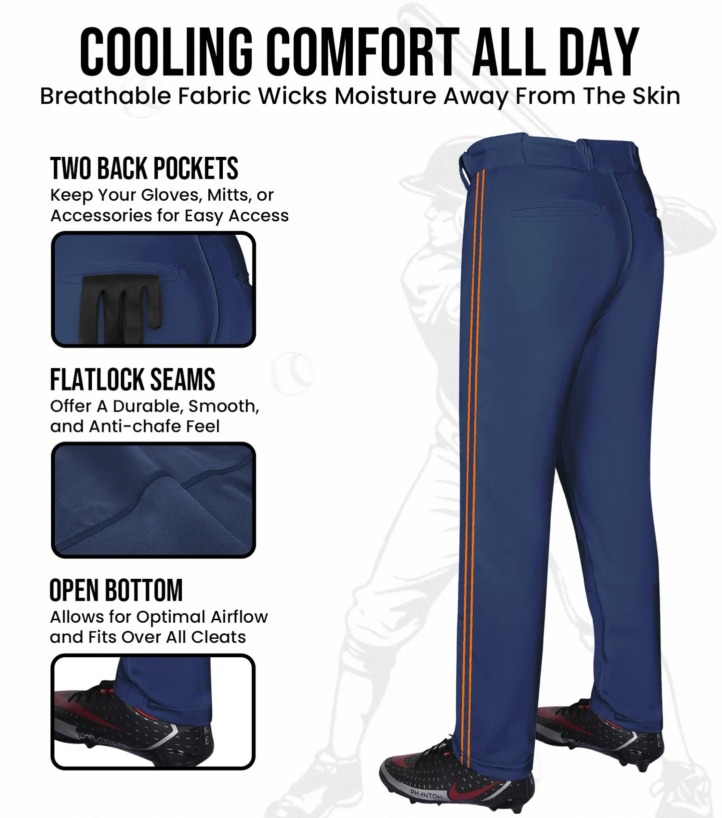 Proline Youth Full Length Baseball Pants with Stripes (Navy)