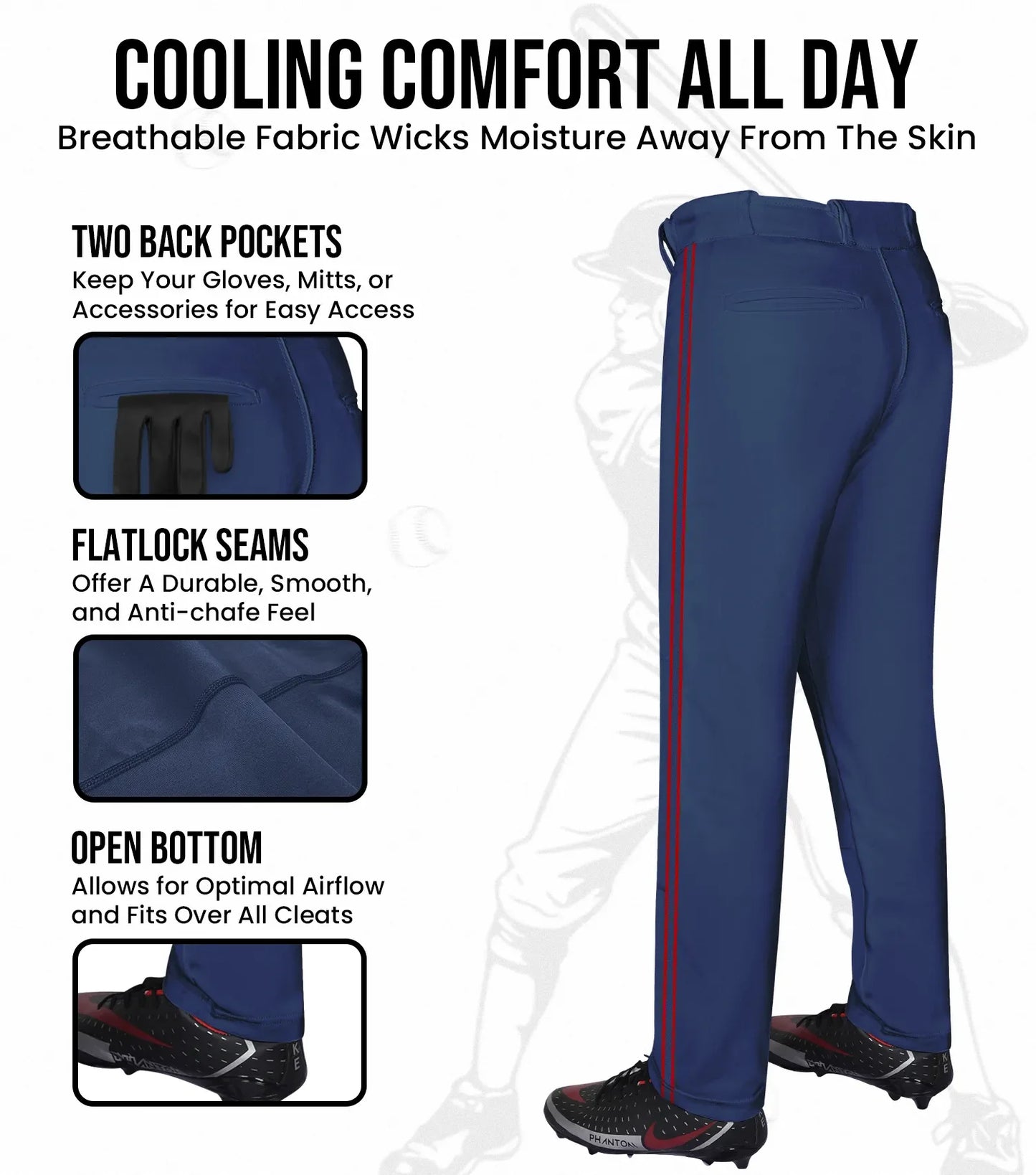 Proline Youth Full Length Baseball Pants with Stripes (Navy)