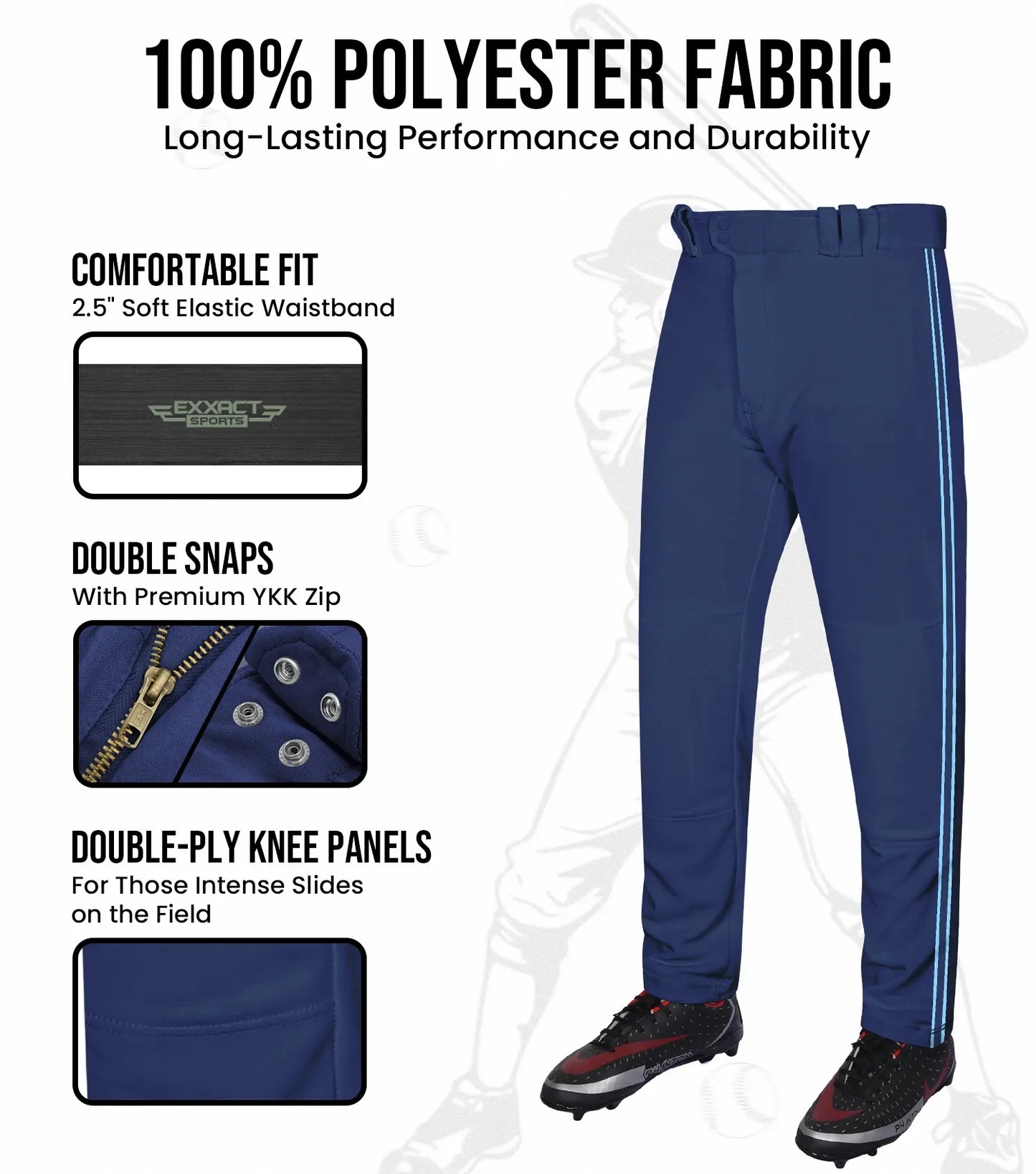Proline Youth Full Length Baseball Pants with Stripes (Navy)