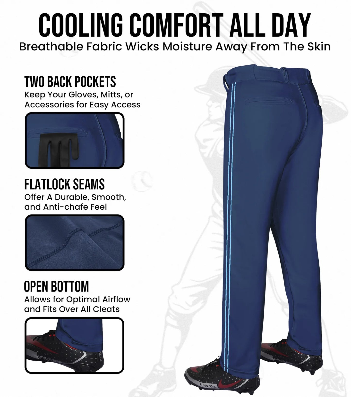Proline Youth Full Length Baseball Pants with Stripes (Navy)