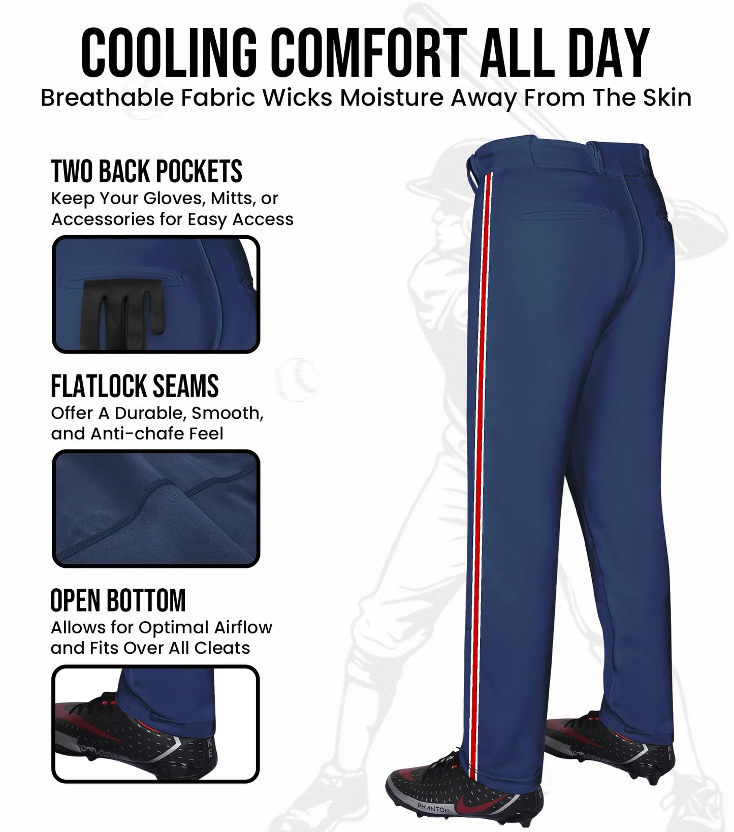 Proline Youth Full Length Baseball Pants with Stripes (Navy)