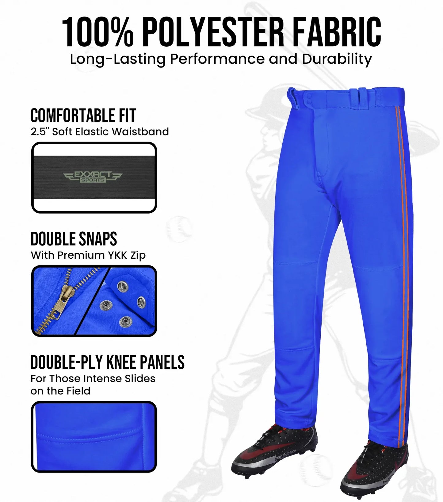 Proline Youth Full Length Baseball Pants with Stripes (Royal Blue)