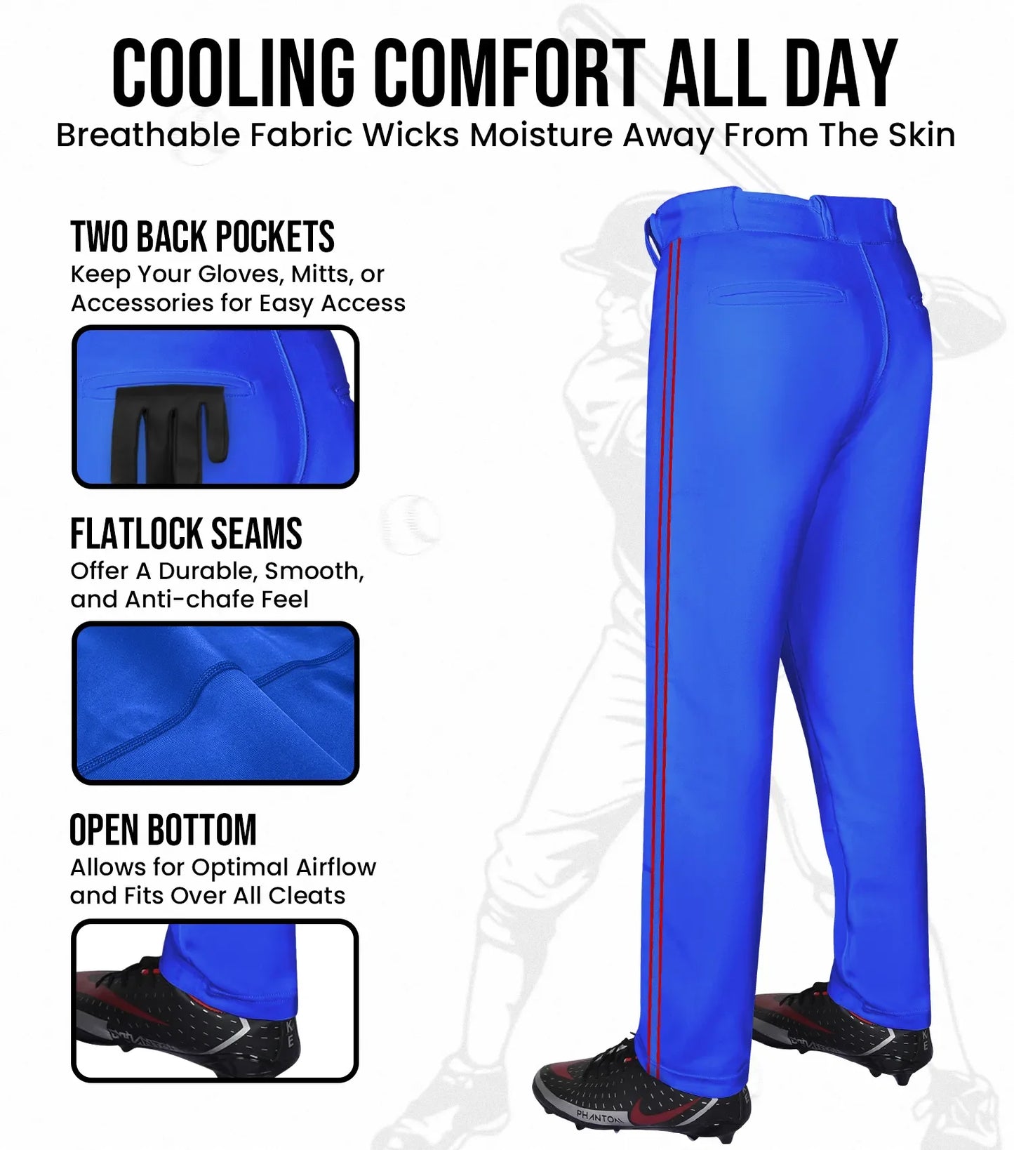 Proline Youth Full Length Baseball Pants with Stripes (Royal Blue)