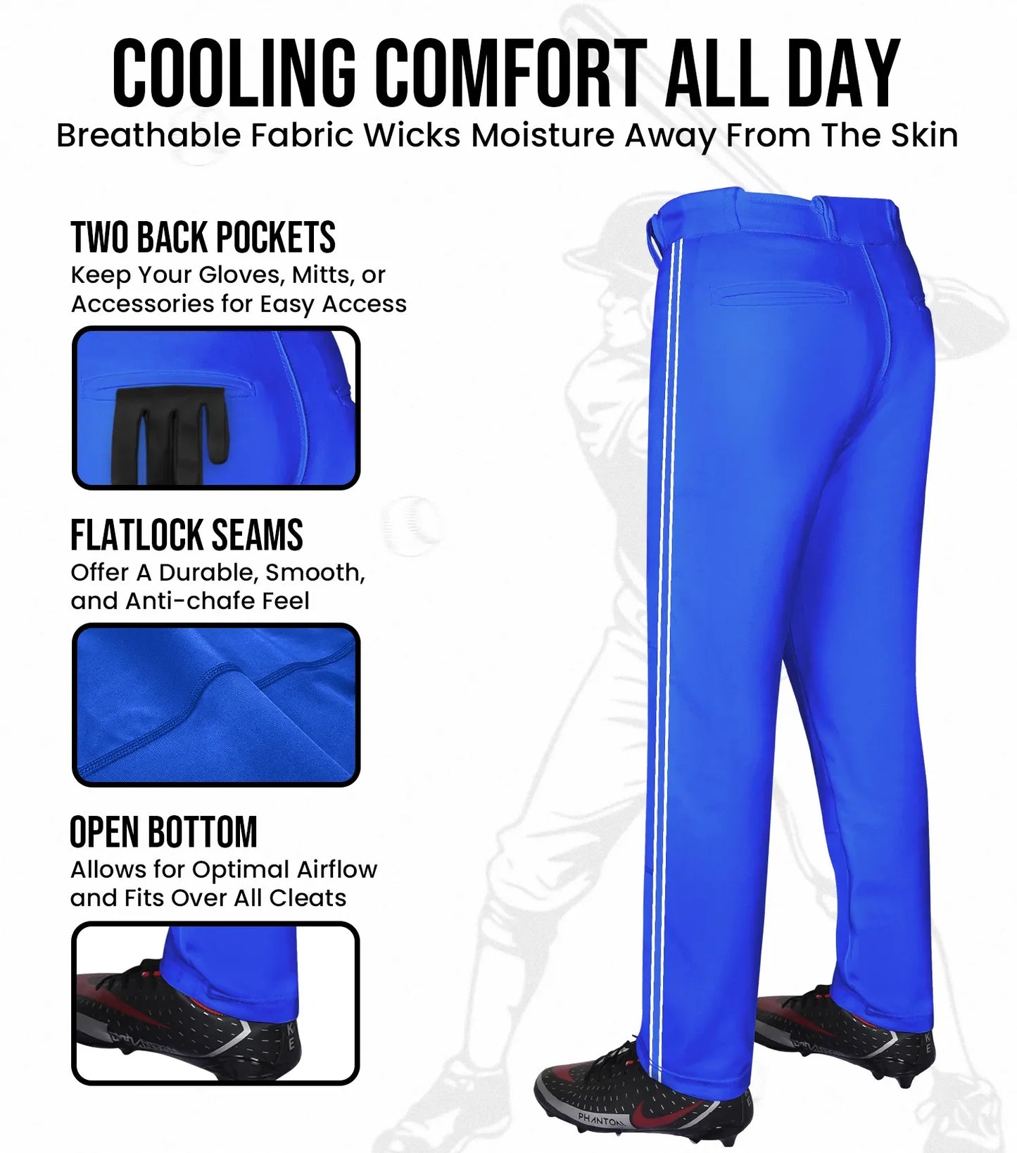 Proline Youth Full Length Baseball Pants with Stripes (Royal Blue)