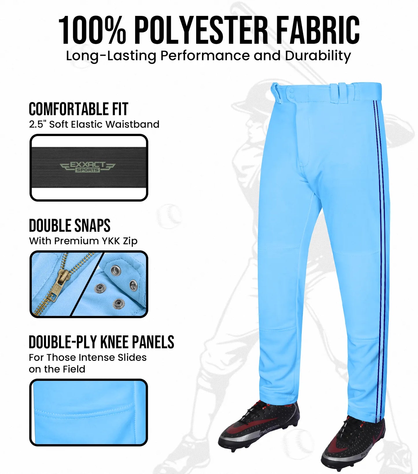 Proline Youth Full Length Baseball Pants with Stripes (Sky)