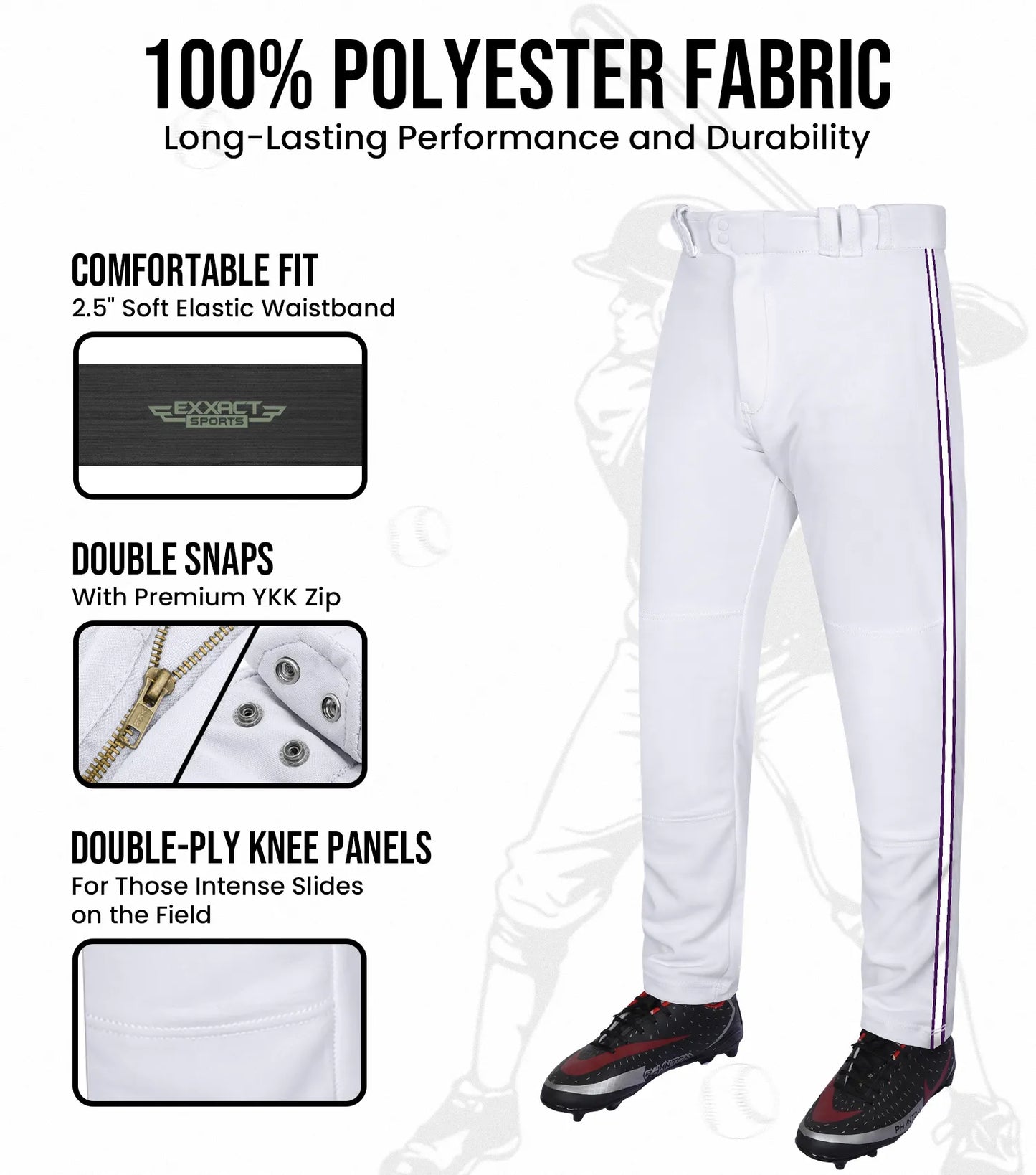 Proline Youth Full Length Baseball Pants with Stripes (White)