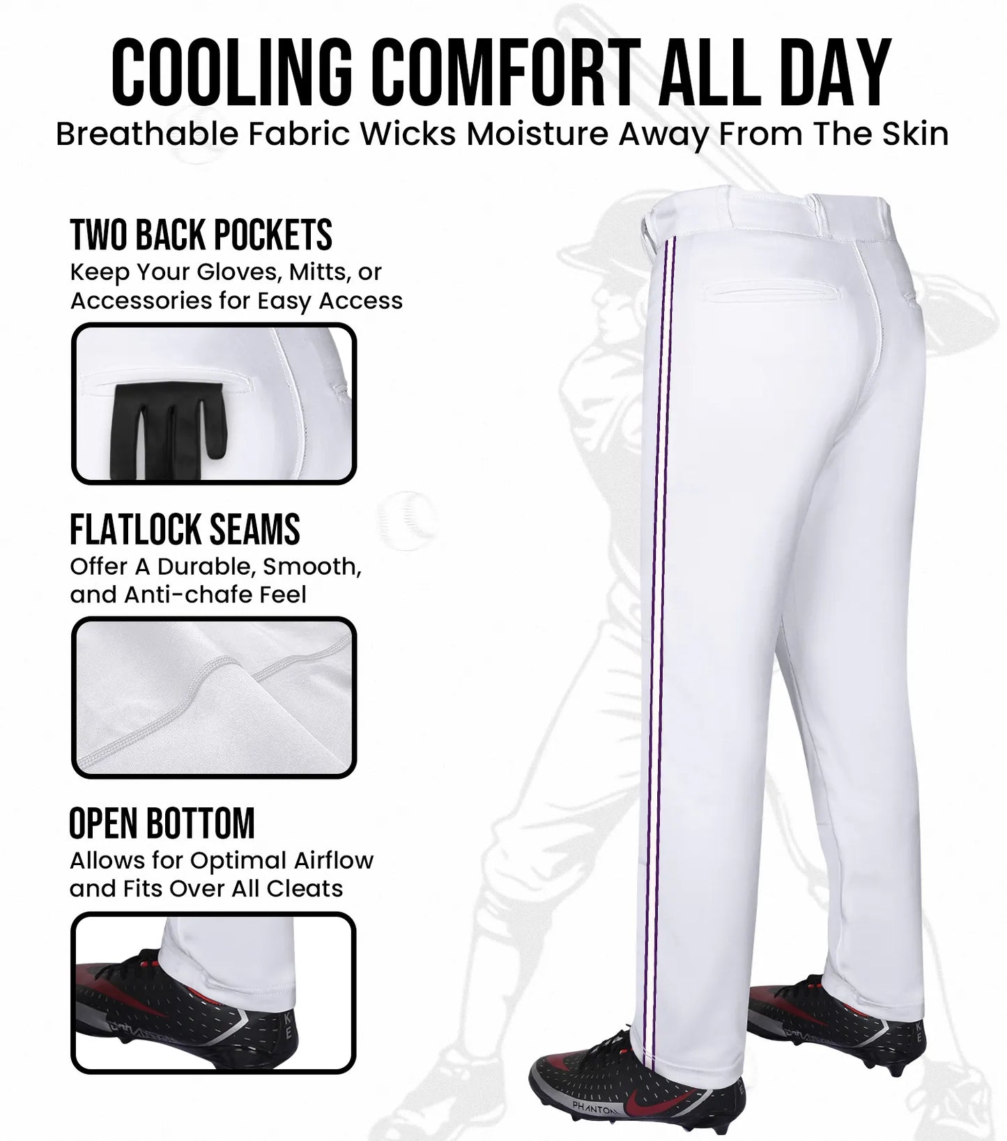 Proline Youth Full Length Baseball Pants with Stripes (White)