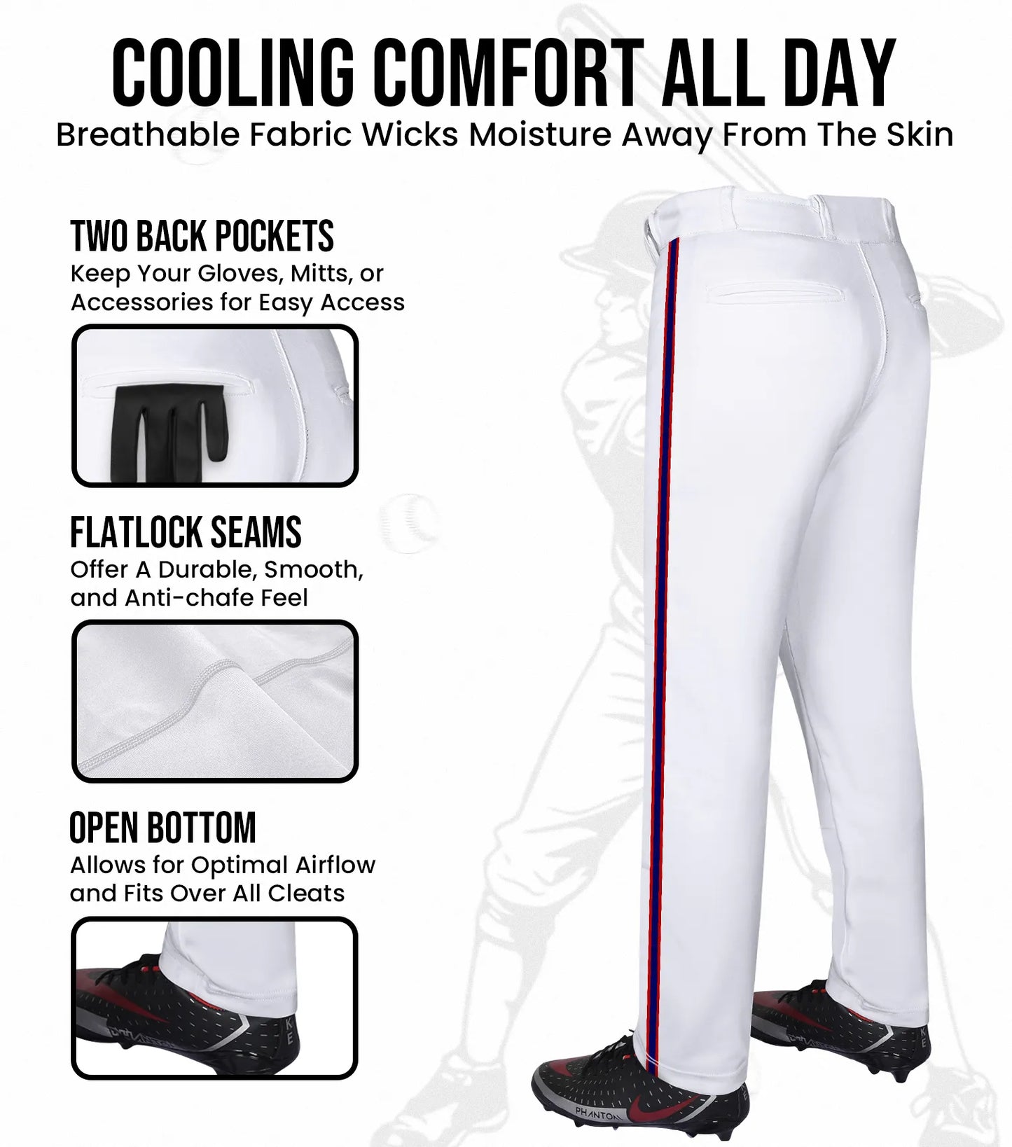 Proline Youth Full Length Baseball Pants with Stripes (White)
