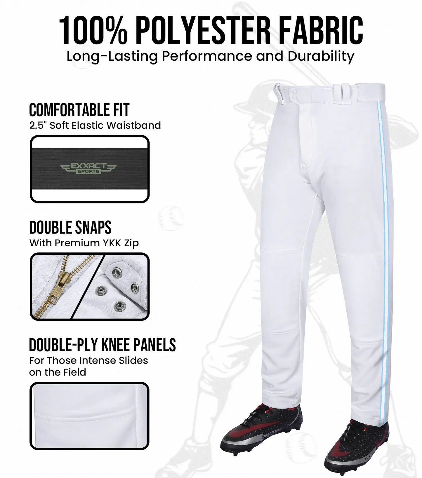 Proline Youth Full Length Baseball Pants with Stripes (White)