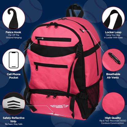 Pink Baseball Bag with Helmet Holder and Seperate Cleats Compartment
