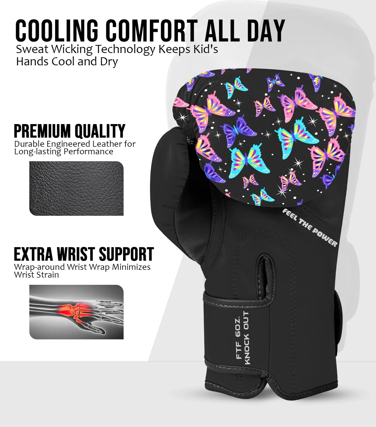 Kids Printed Knockout Boxing Gloves with Padded Protection (Butterfly)