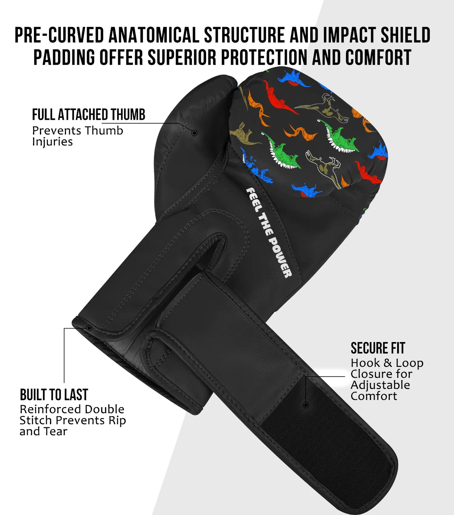 Kids Printed Knockout Boxing Gloves with Padded Protection (Dinosaur)