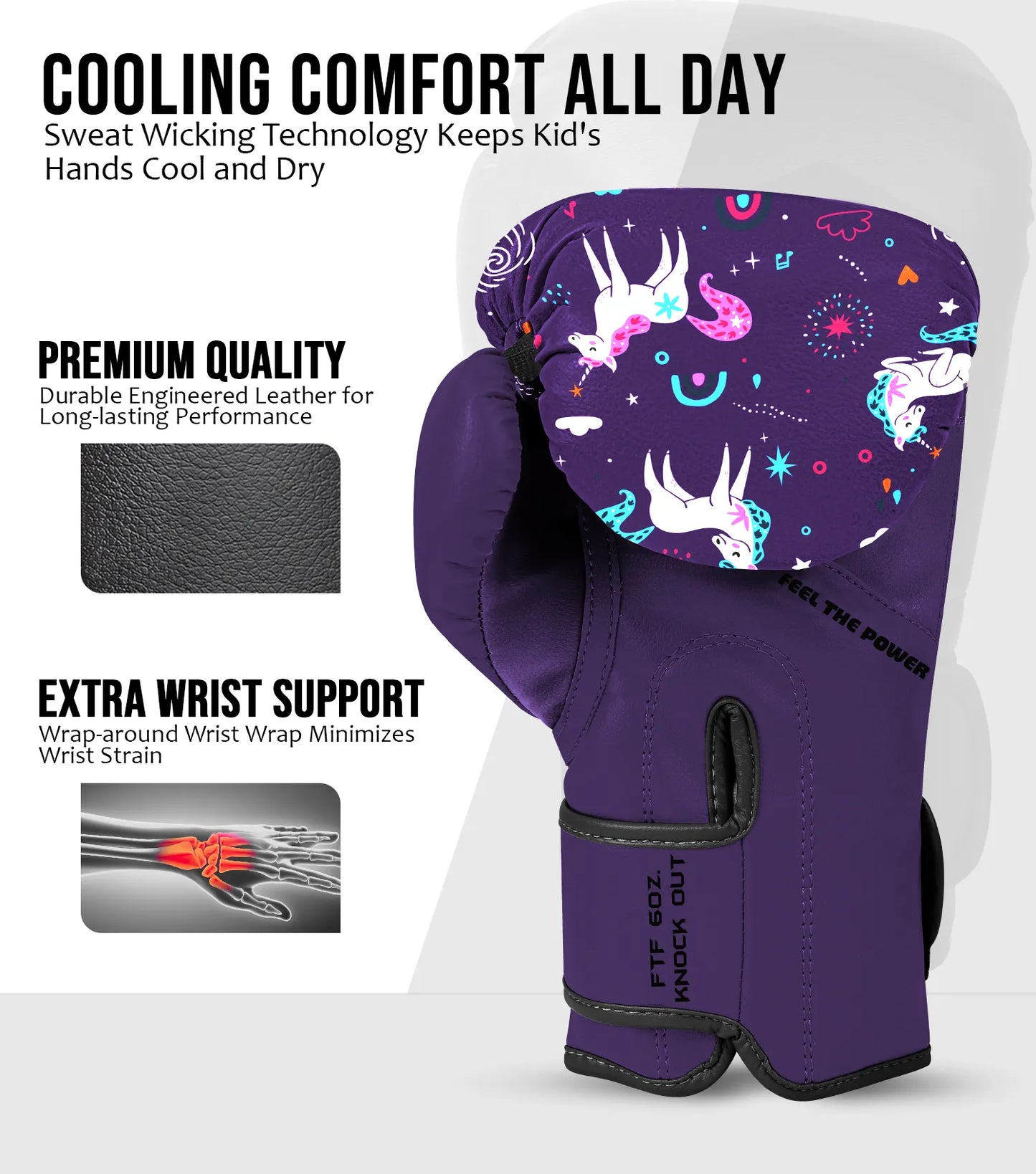 Kids Printed Knockout Boxing Gloves with Padded Protection (Unicorn)