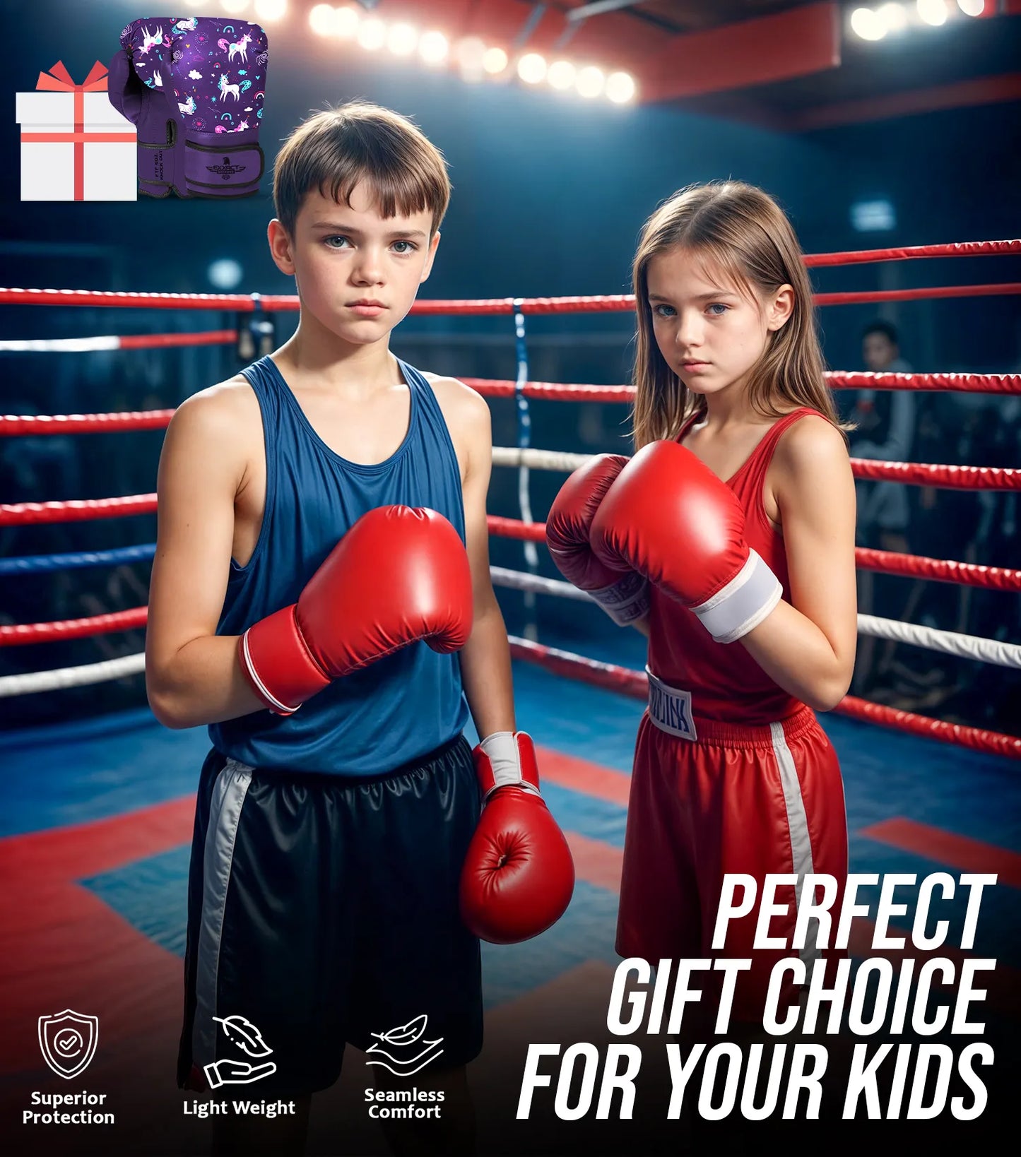 Kids Printed Knockout Boxing Gloves with Padded Protection (Unicorn)