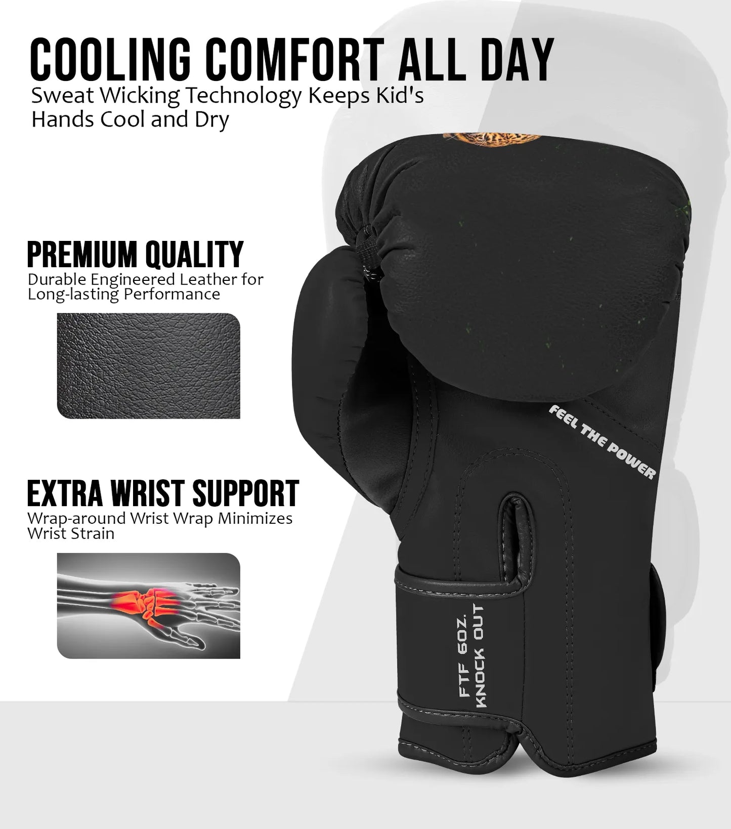 Kids Printed Knockout Boxing Gloves with Padded Protection (Leopard)