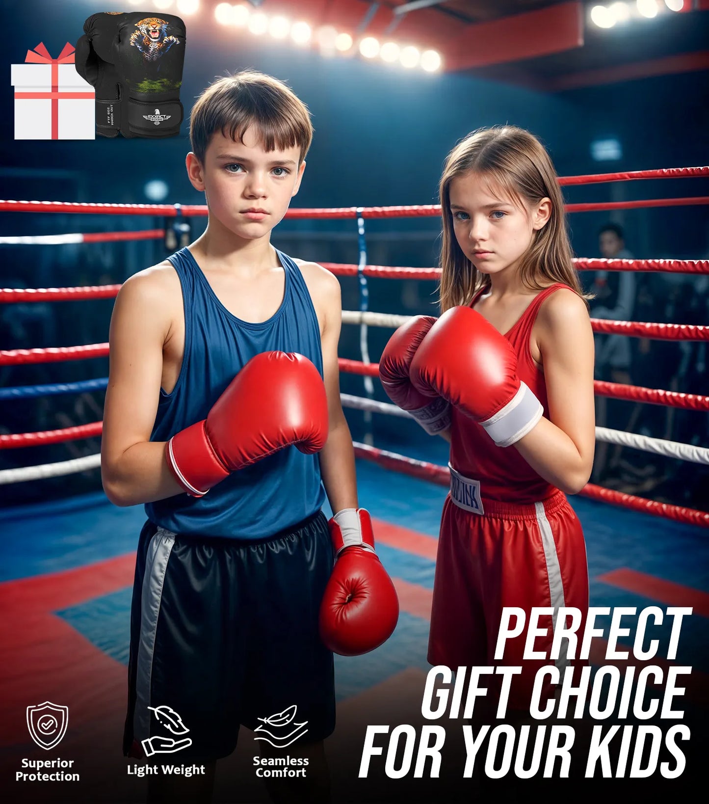 Kids Printed Knockout Boxing Gloves with Padded Protection (Leopard)