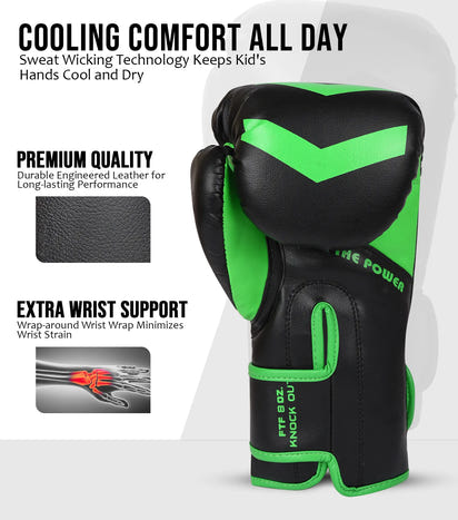 Kids Knockout Boxing Gloves with Padded Protection (Black/Green)