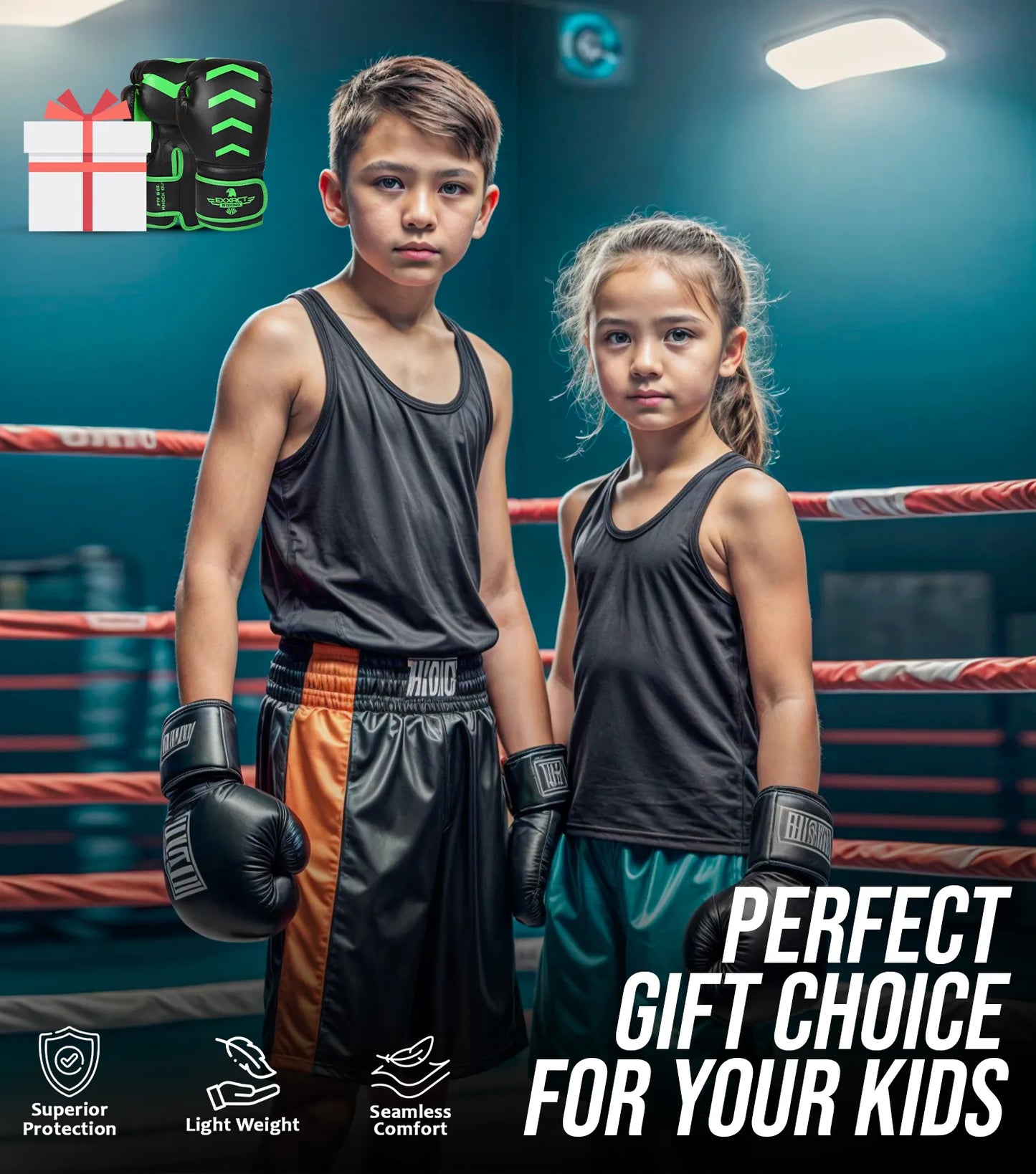 Kids Knockout Boxing Gloves with Padded Protection (Black/Green)