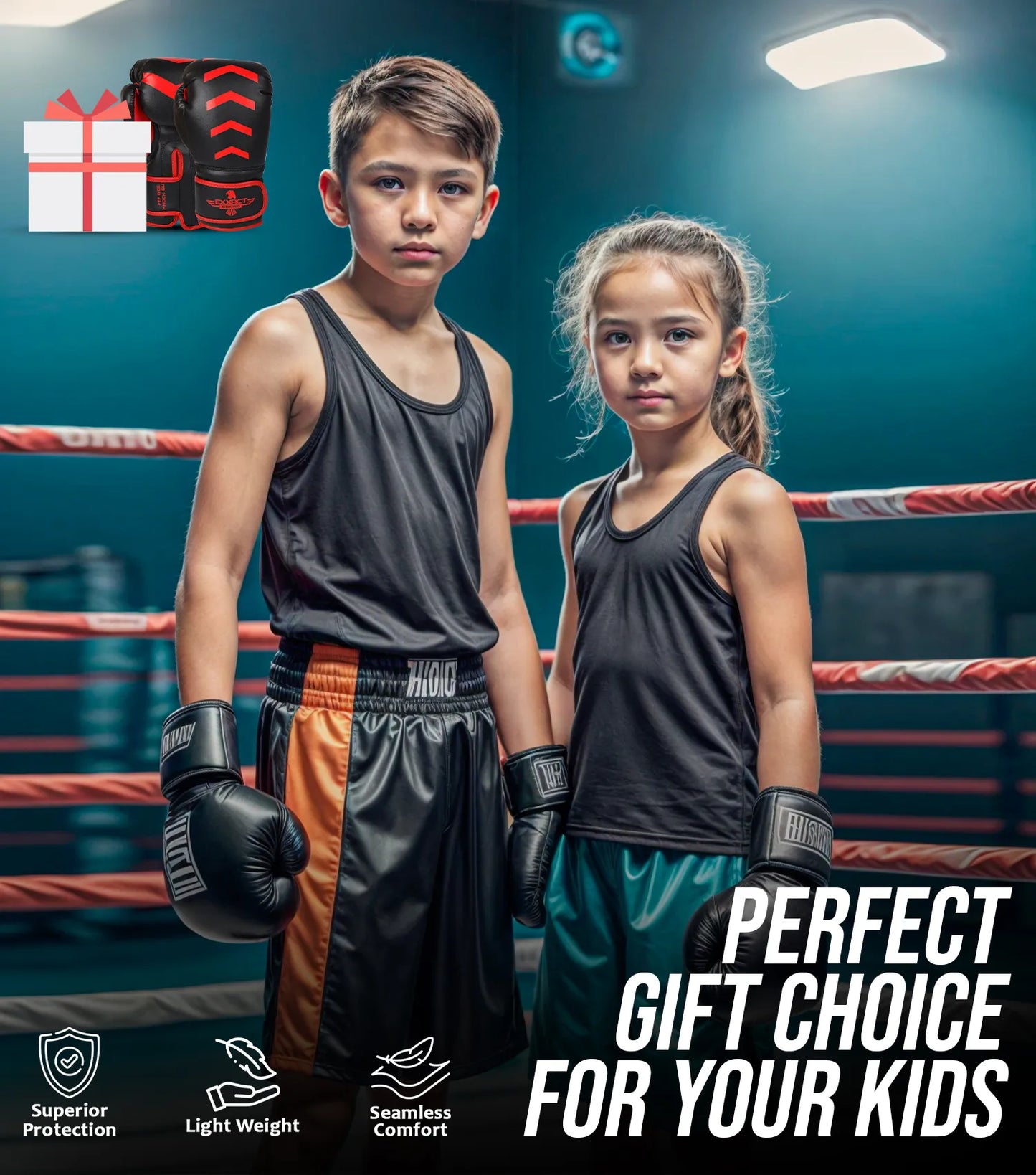 Kids Knockout Boxing Gloves with Padded Protection (Black/Red)